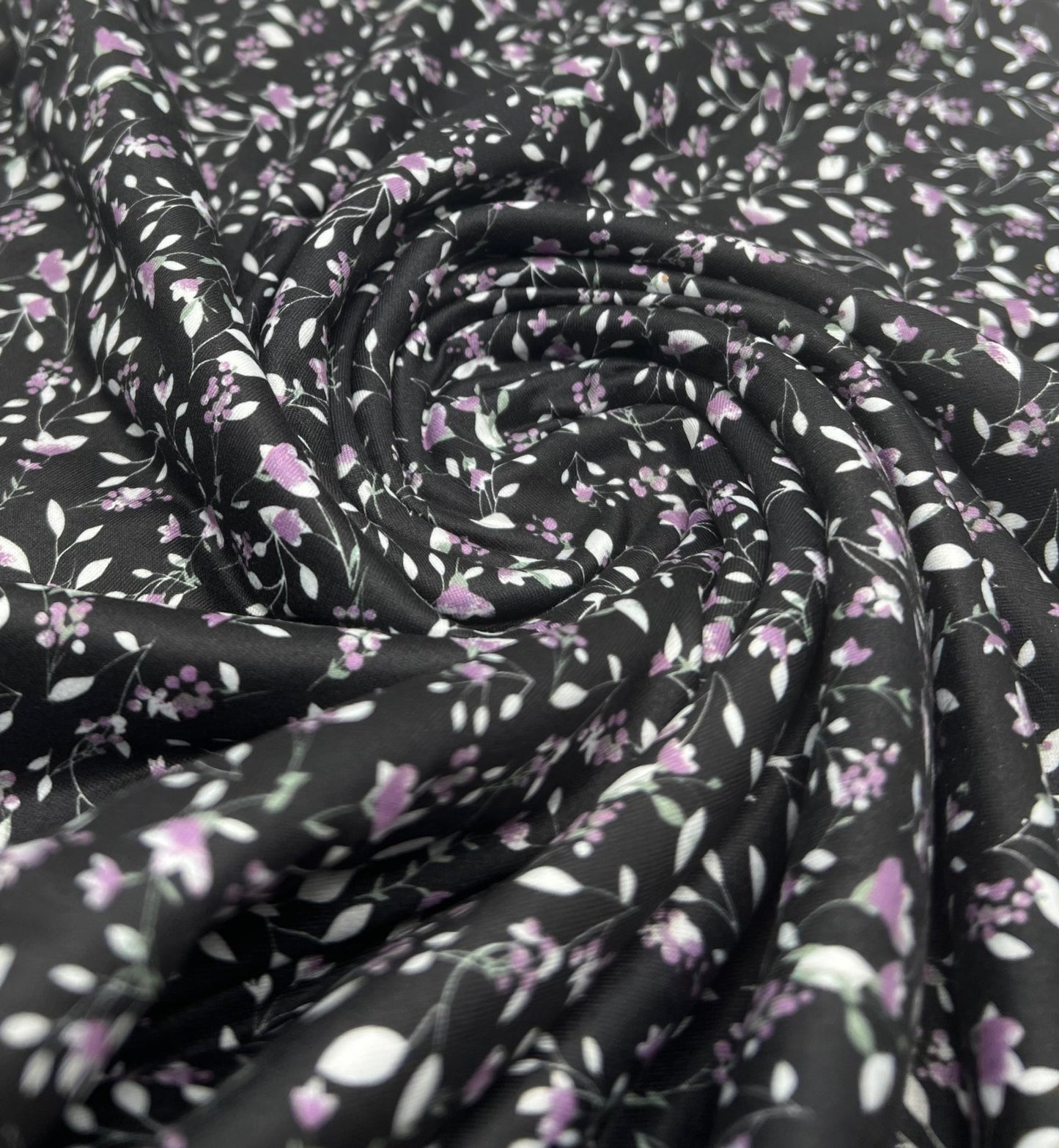 Delicate Violet Floral Print Spun Poly Stretch Fabric - T9 Fabrics