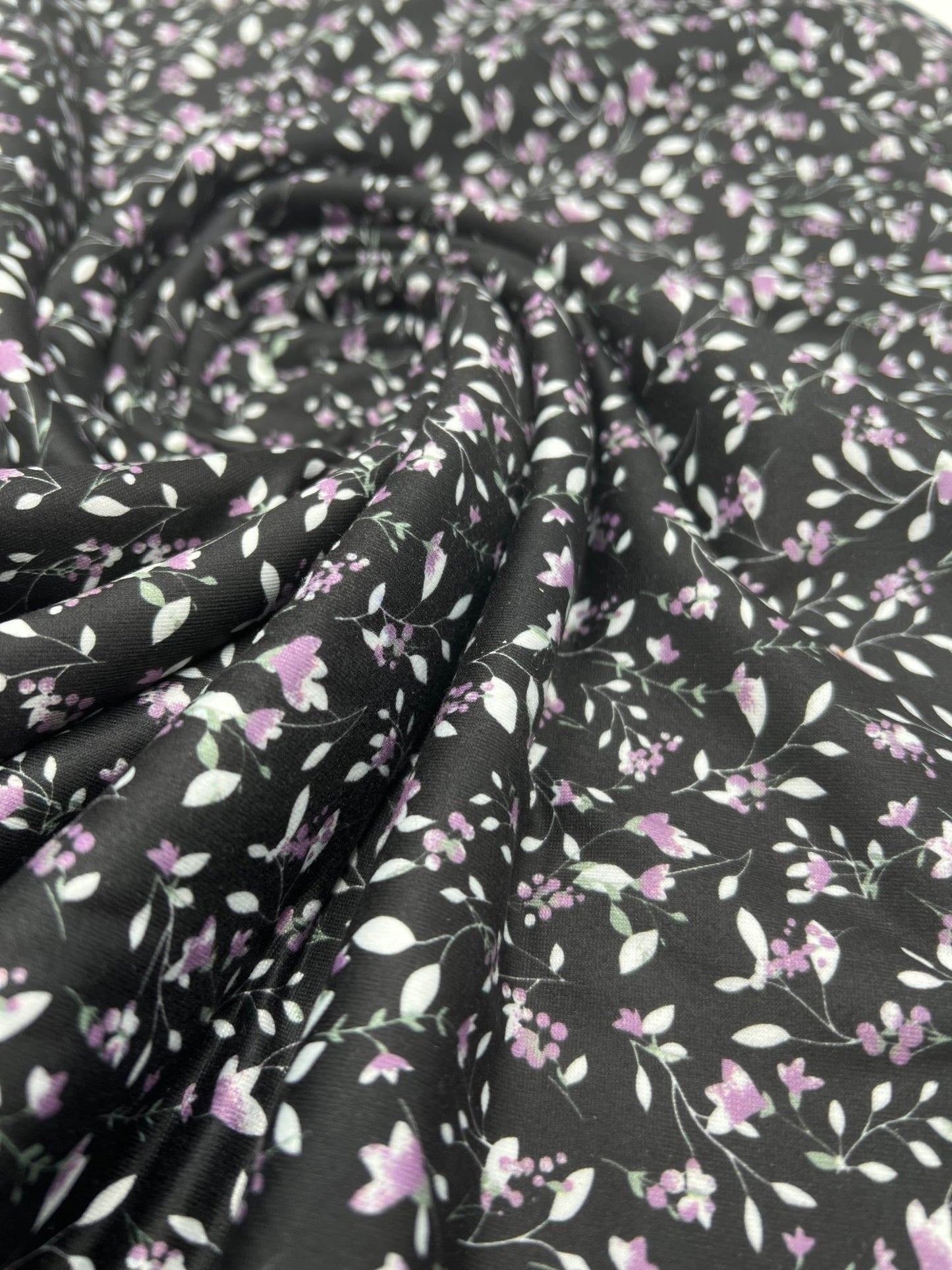 Delicate Violet Floral Print Spun Poly Stretch Fabric - T9 Fabrics