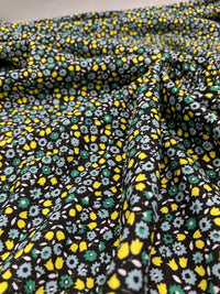 Ditsy Green & Yellow On Black Floral Print Viscose Elastane Fabric - T9 Fabrics