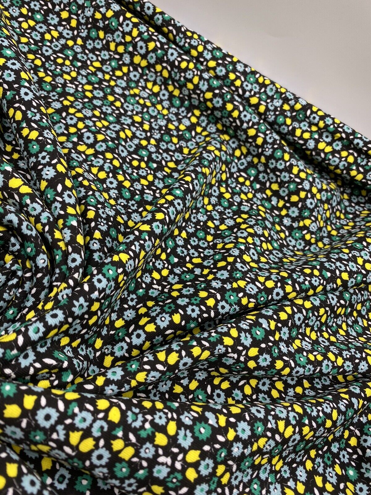 Ditsy Green & Yellow On Black Floral Print Viscose Elastane Fabric - T9 Fabrics