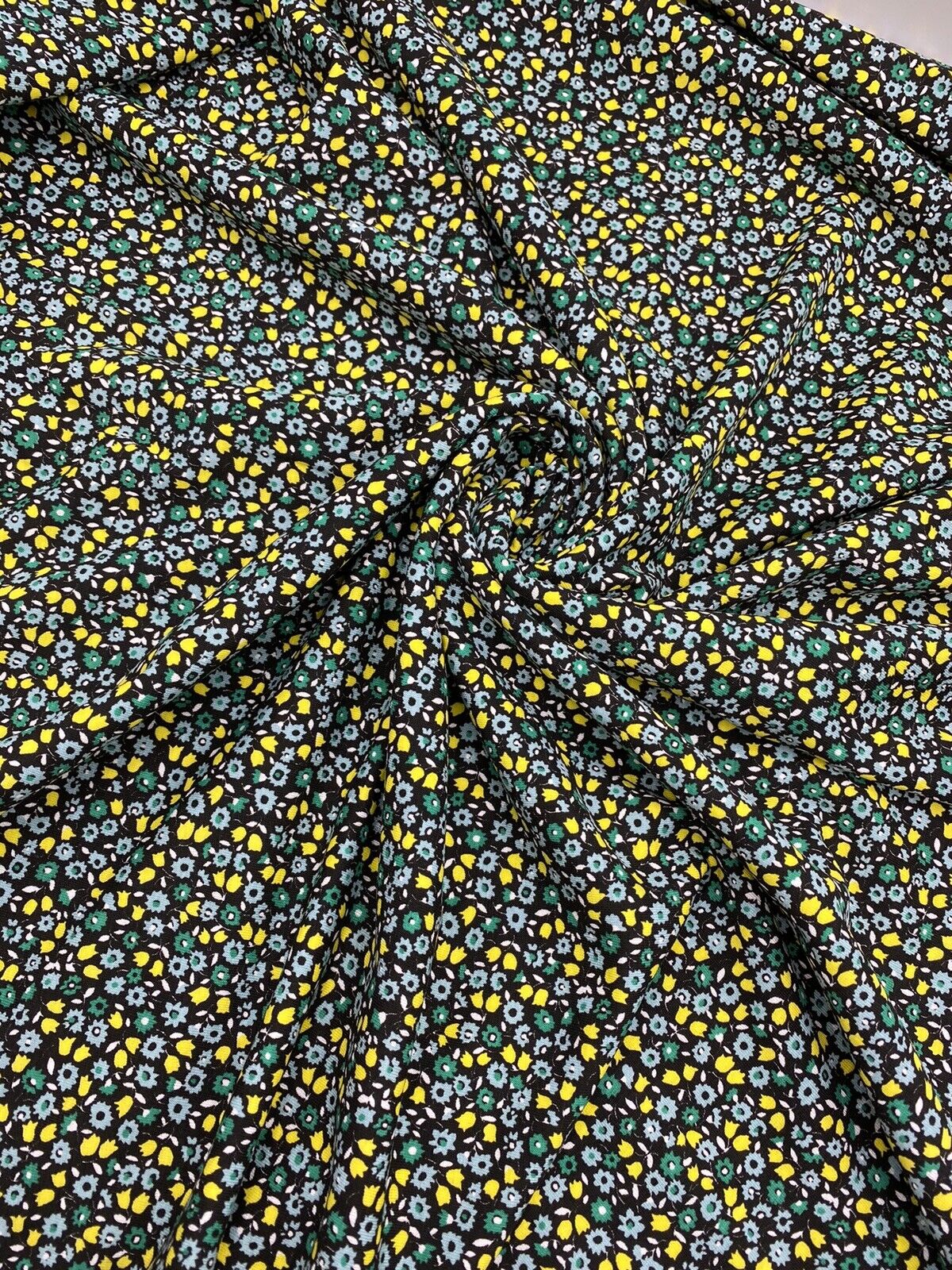 Ditsy Green & Yellow On Black Floral Print Viscose Elastane Fabric - T9 Fabrics