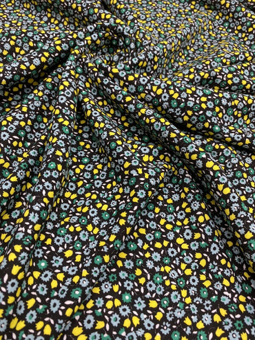 Ditsy Green & Yellow On Black Floral Print Viscose Elastane Fabric - T9 Fabrics