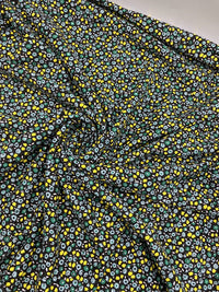 Ditsy Green & Yellow On Black Floral Print Viscose Elastane Fabric - T9 Fabrics