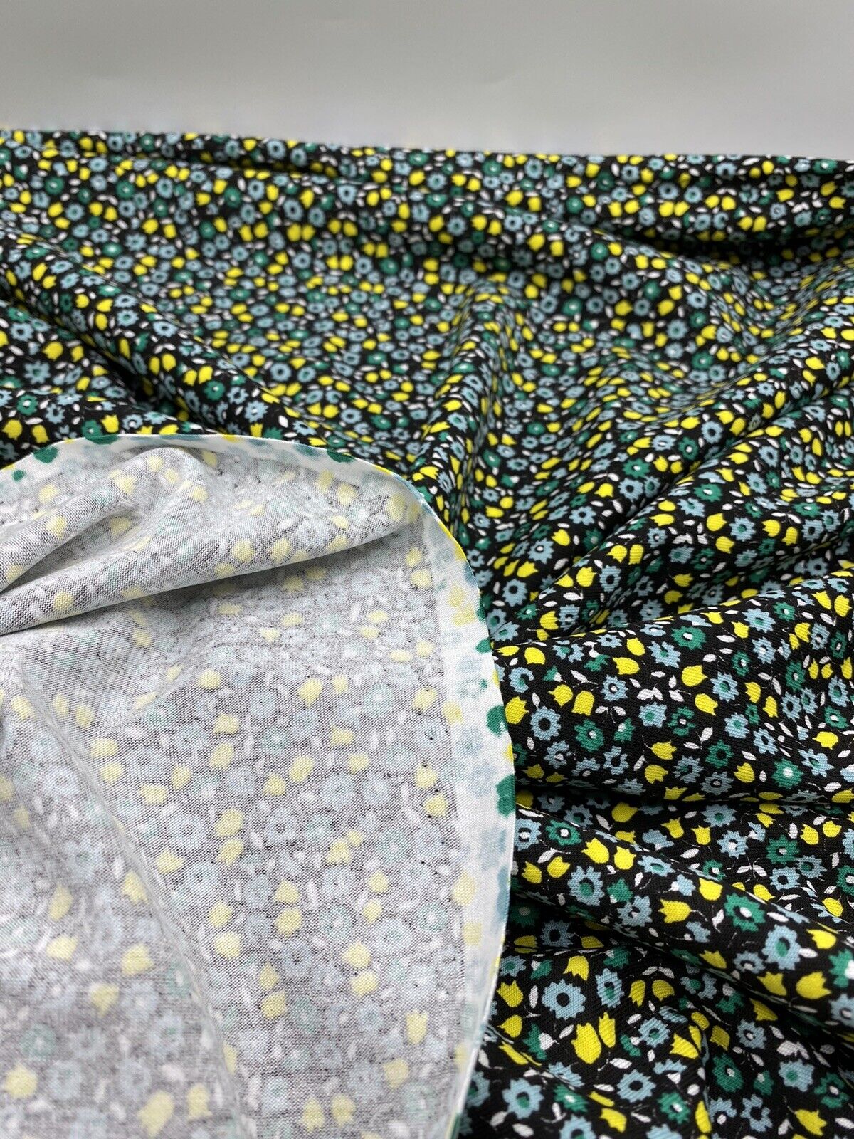 Ditsy Green & Yellow On Black Floral Print Viscose Elastane Fabric - T9 Fabrics