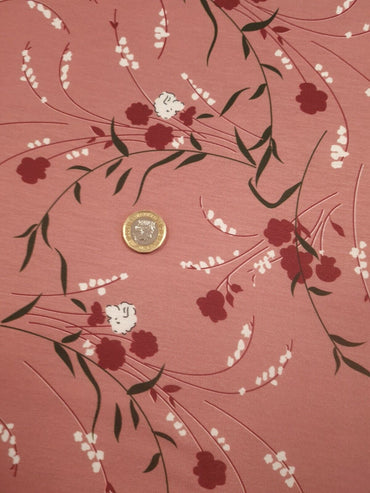 Dusky Pink Floral Print Spun Poly Stretch Fabric - T9 Fabrics