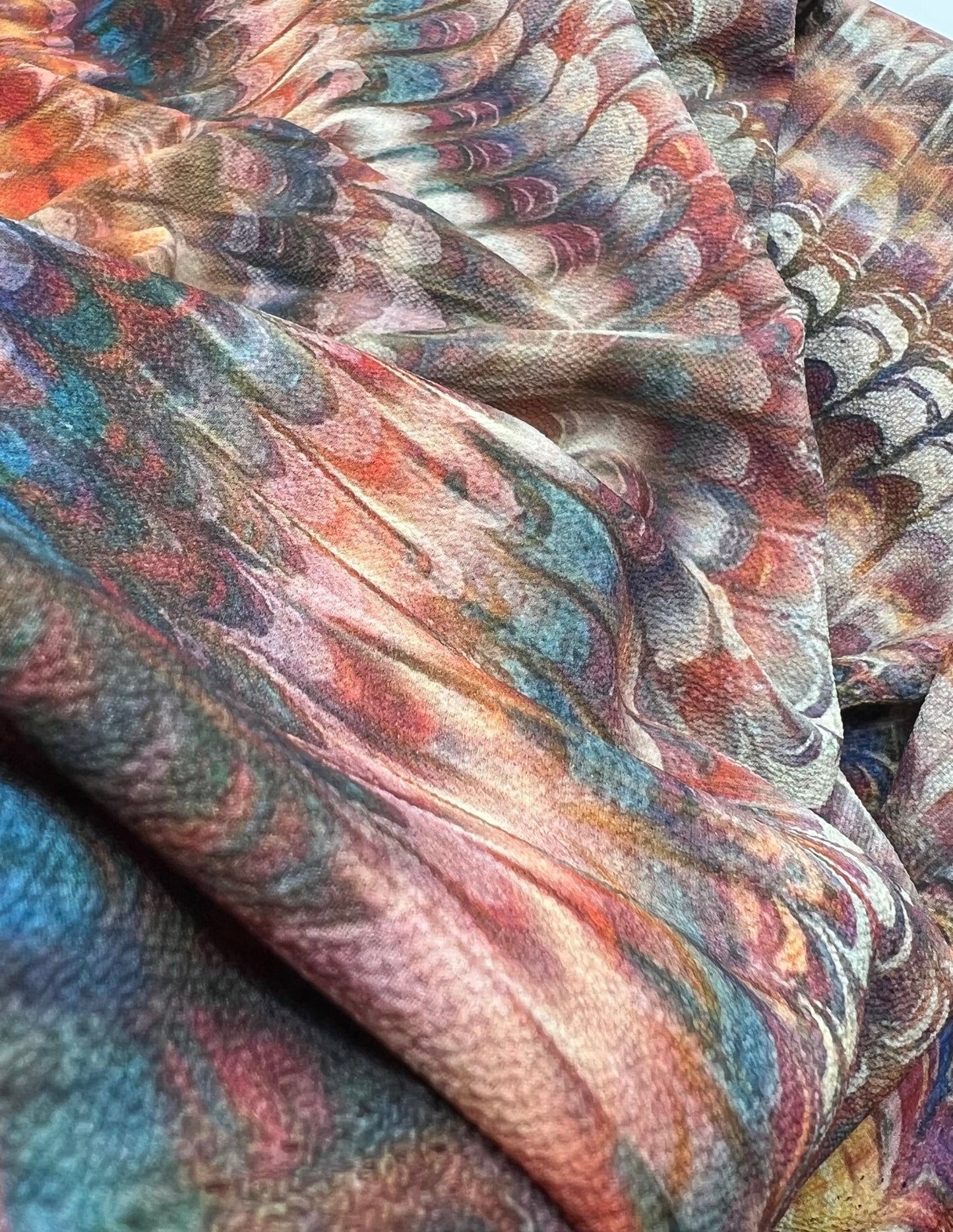 Feather Detail Multi Print Lightweight Bubble Crepe Fabric - T9 Fabrics