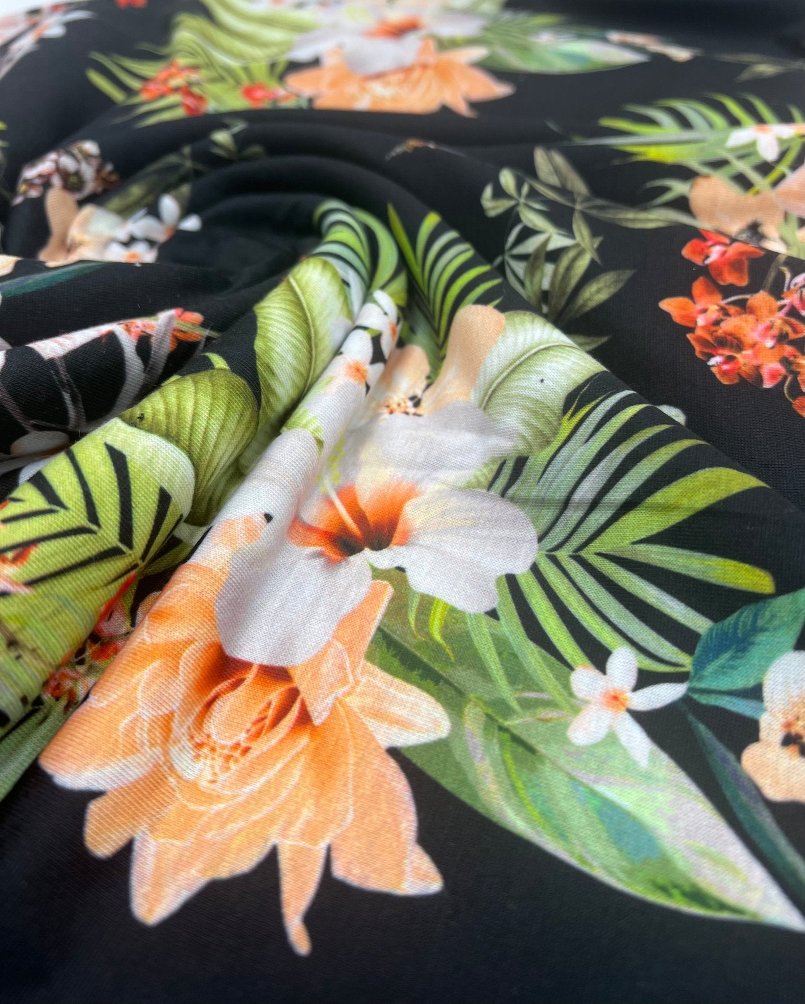 Floral Orange Print Spun Poly Stretch Fabric - T9 Fabrics