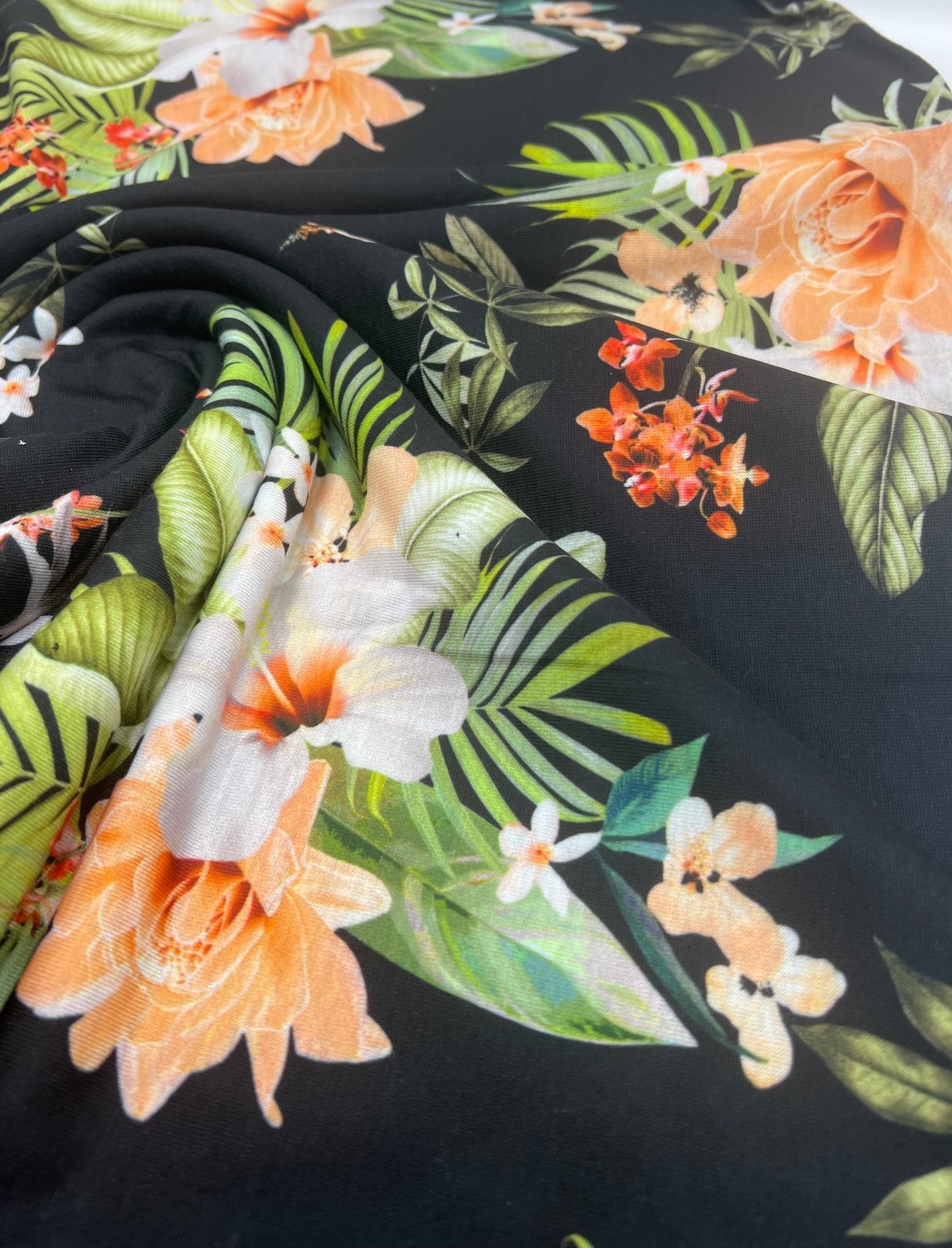 Floral Orange Print Spun Poly Stretch Fabric - T9 Fabrics