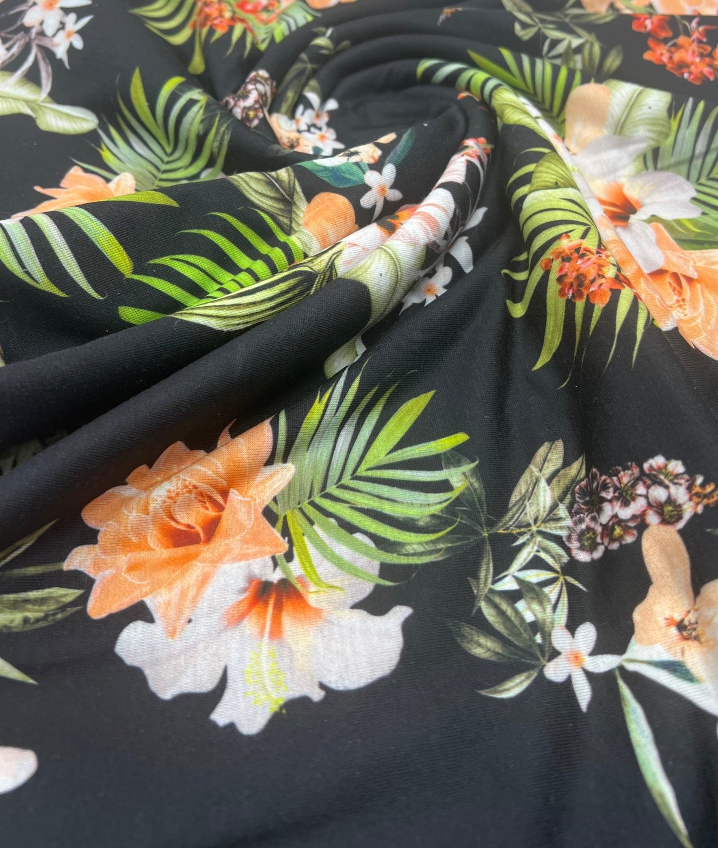 Floral Orange Print Spun Poly Stretch Fabric - T9 Fabrics