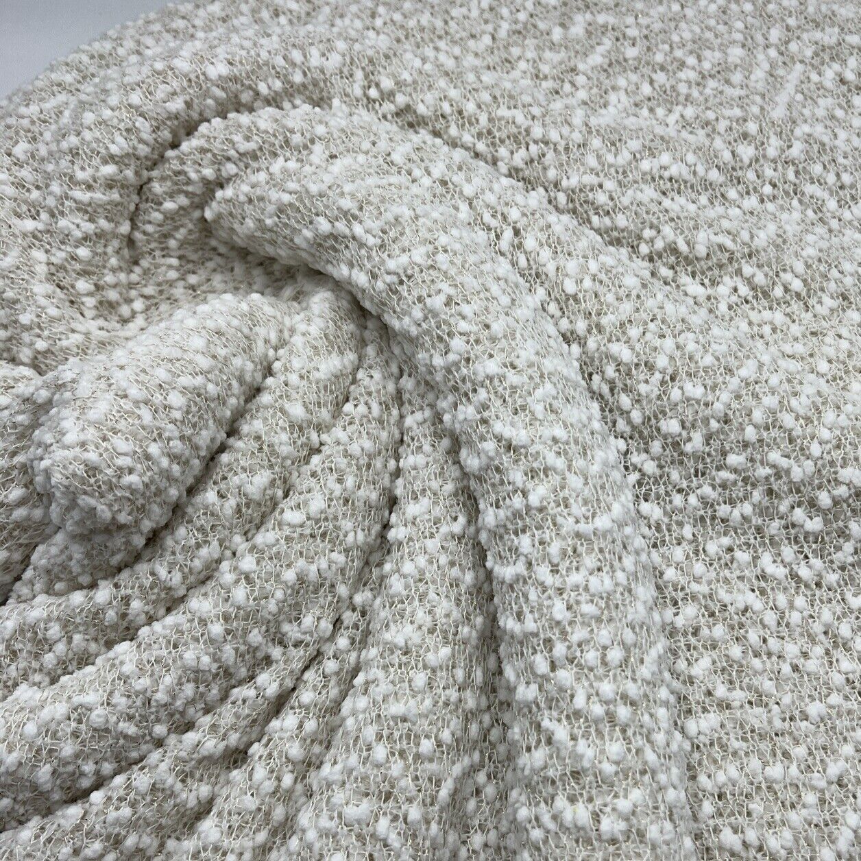 Fluffy Thick Gold Detail Ivory Knit Fabric - T9 Fabrics