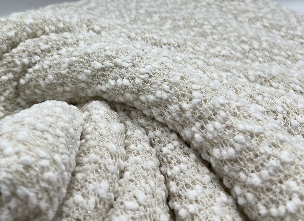 Fluffy Thick Gold Detail Ivory Knit Fabric - T9 Fabrics