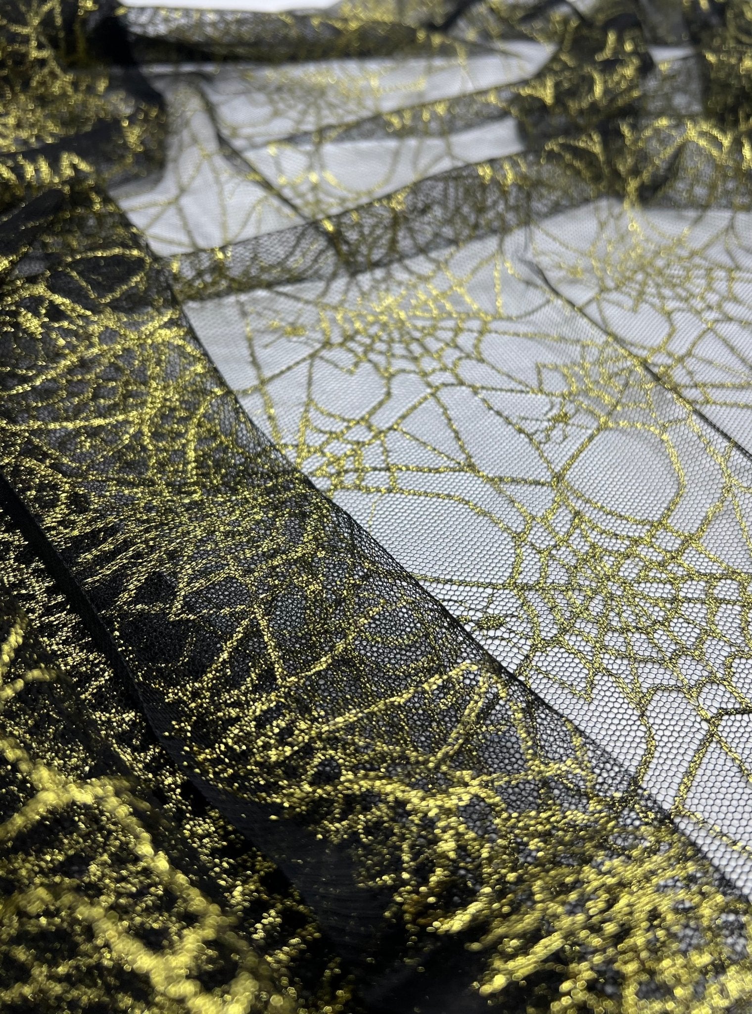 Gold Black Cobweb Halloween Print Mesh Fabric Stretch - T9 Fabrics