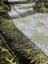 Gold Black Cobweb Halloween Print Mesh Fabric Stretch - T9 Fabrics