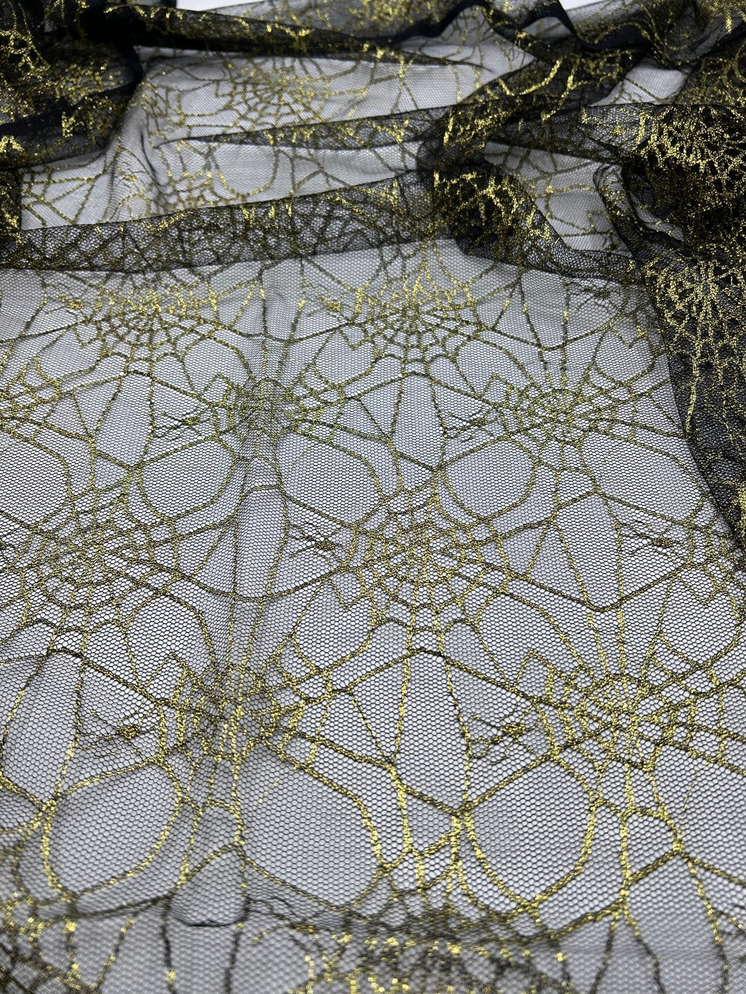 Gold Black Cobweb Halloween Print Mesh Fabric Stretch - T9 Fabrics