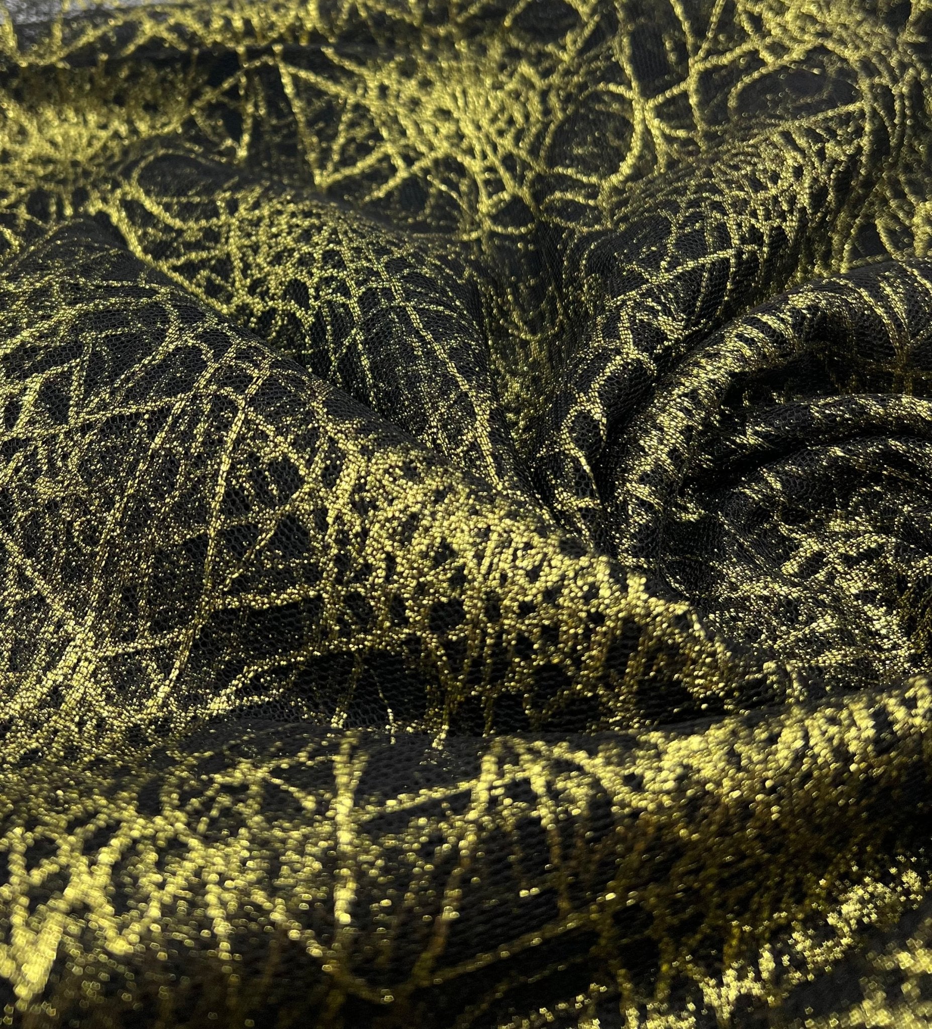 Gold Black Cobweb Halloween Print Mesh Fabric Stretch - T9 Fabrics