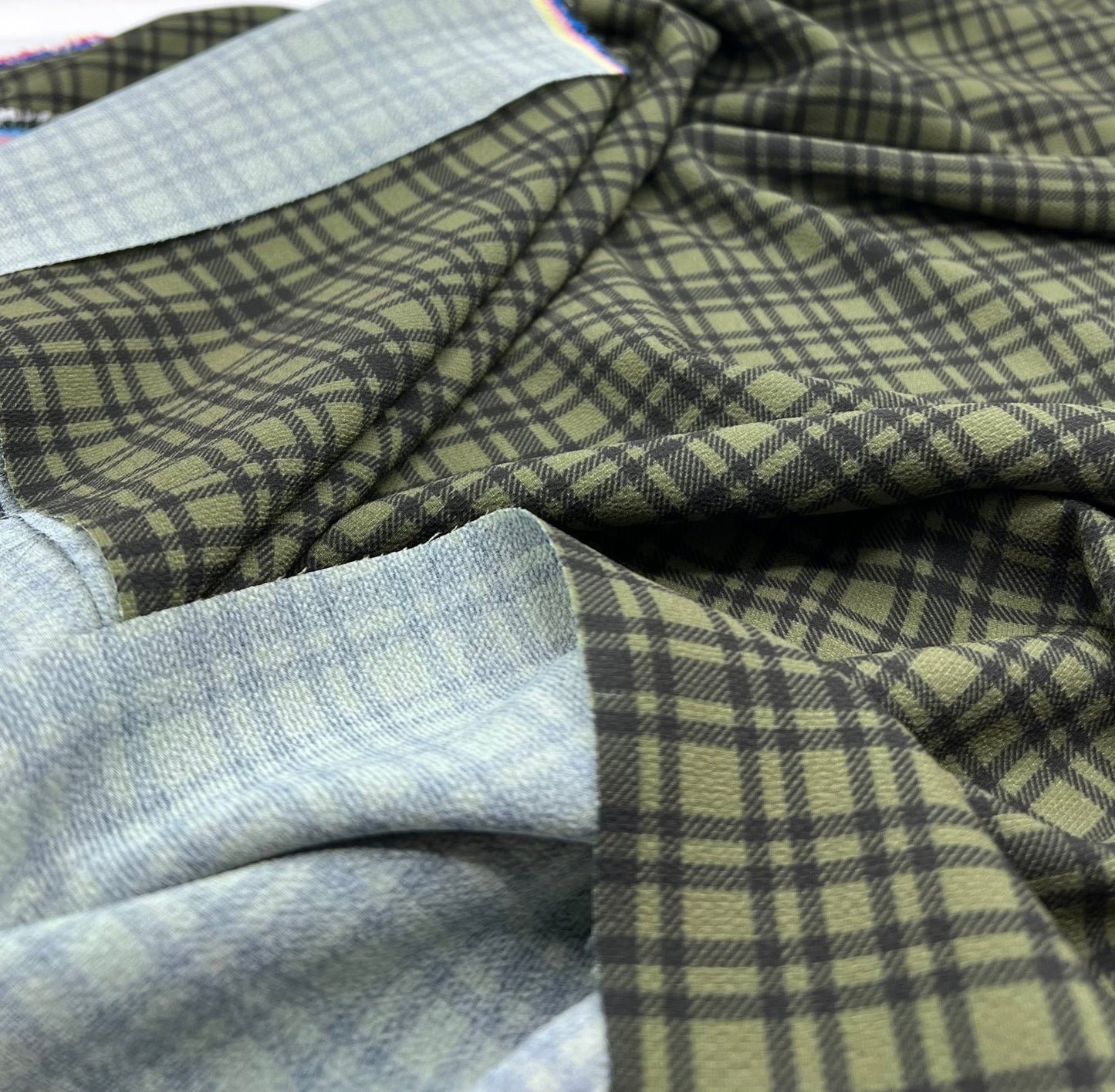 Green Black Check Print Lightweight Bubble Crepe Fabric - T9 Fabrics