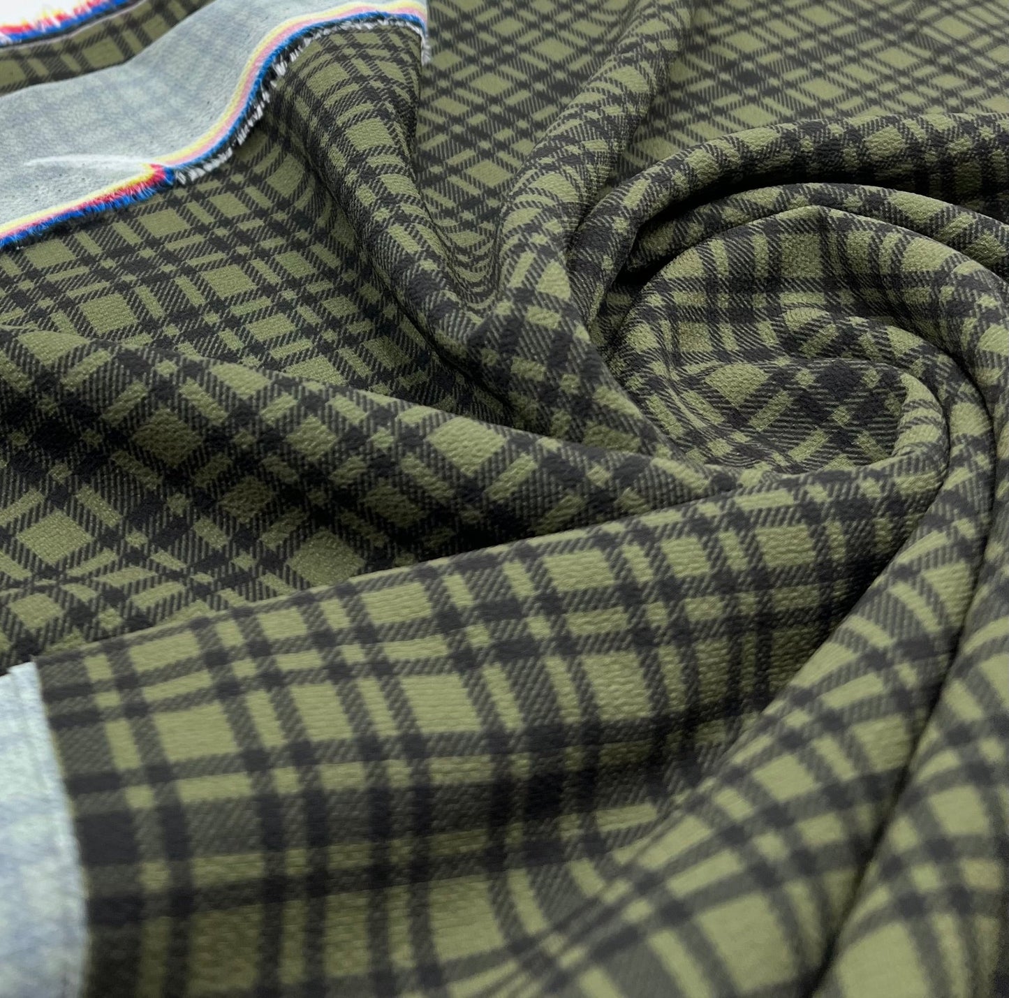 Green Black Check Print Lightweight Bubble Crepe Fabric - T9 Fabrics