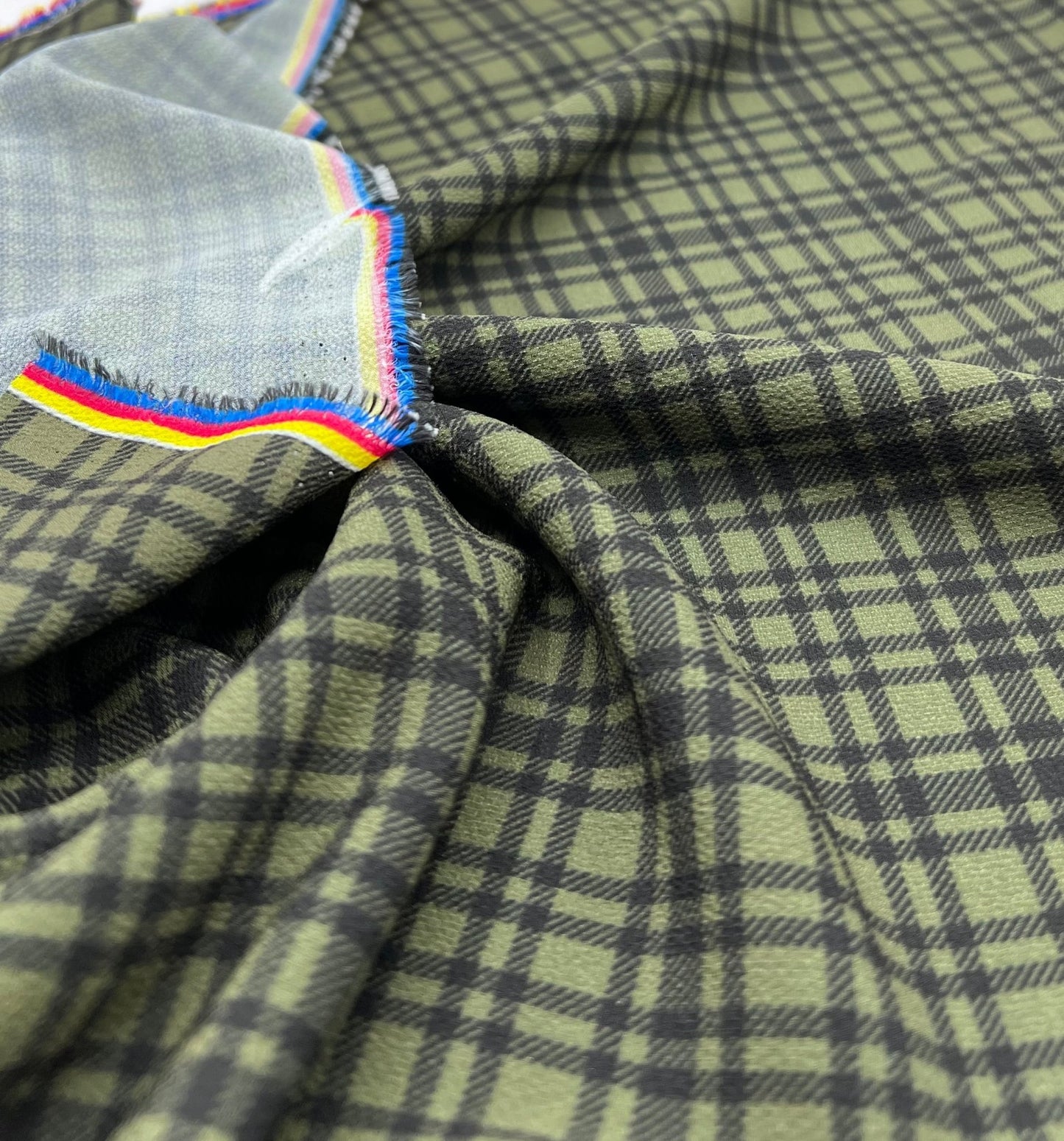 Green Black Check Print Lightweight Bubble Crepe Fabric - T9 Fabrics