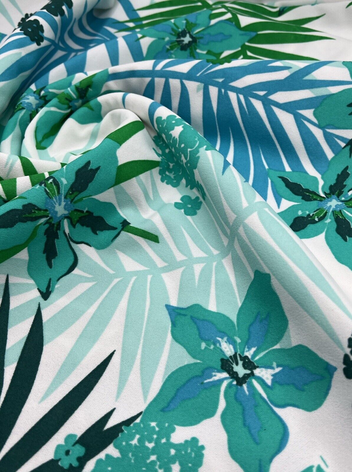 Green Blue Floral Printed Scuba Crepe Jersey Fabric 4 Way Stretch - T9 Fabrics