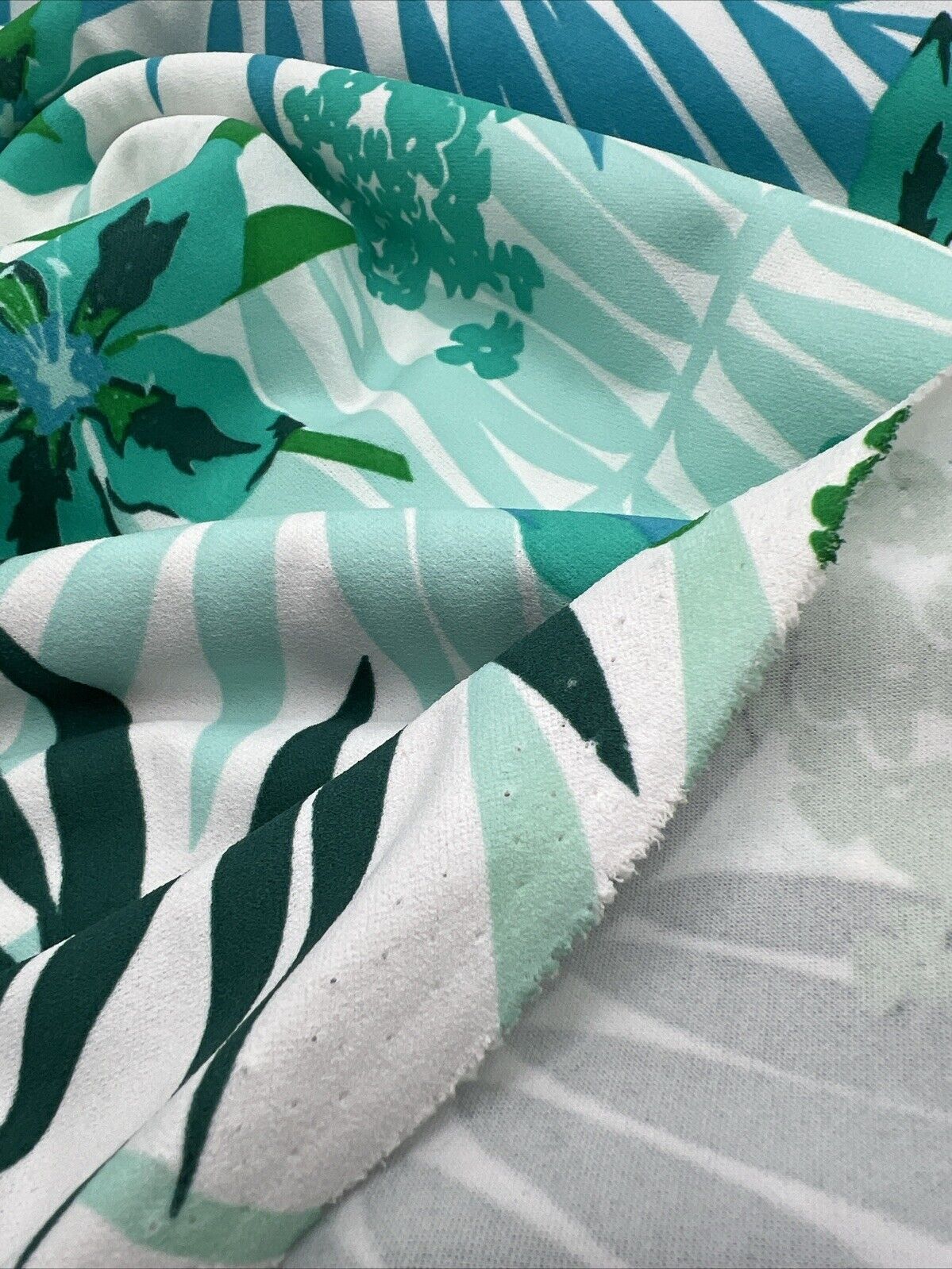 Green Blue Floral Printed Scuba Crepe Jersey Fabric 4 Way Stretch - T9 Fabrics