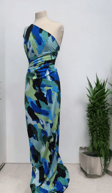 Green Blue Mix Art Print Spun Poly Stretch Fabric - T9 Fabrics