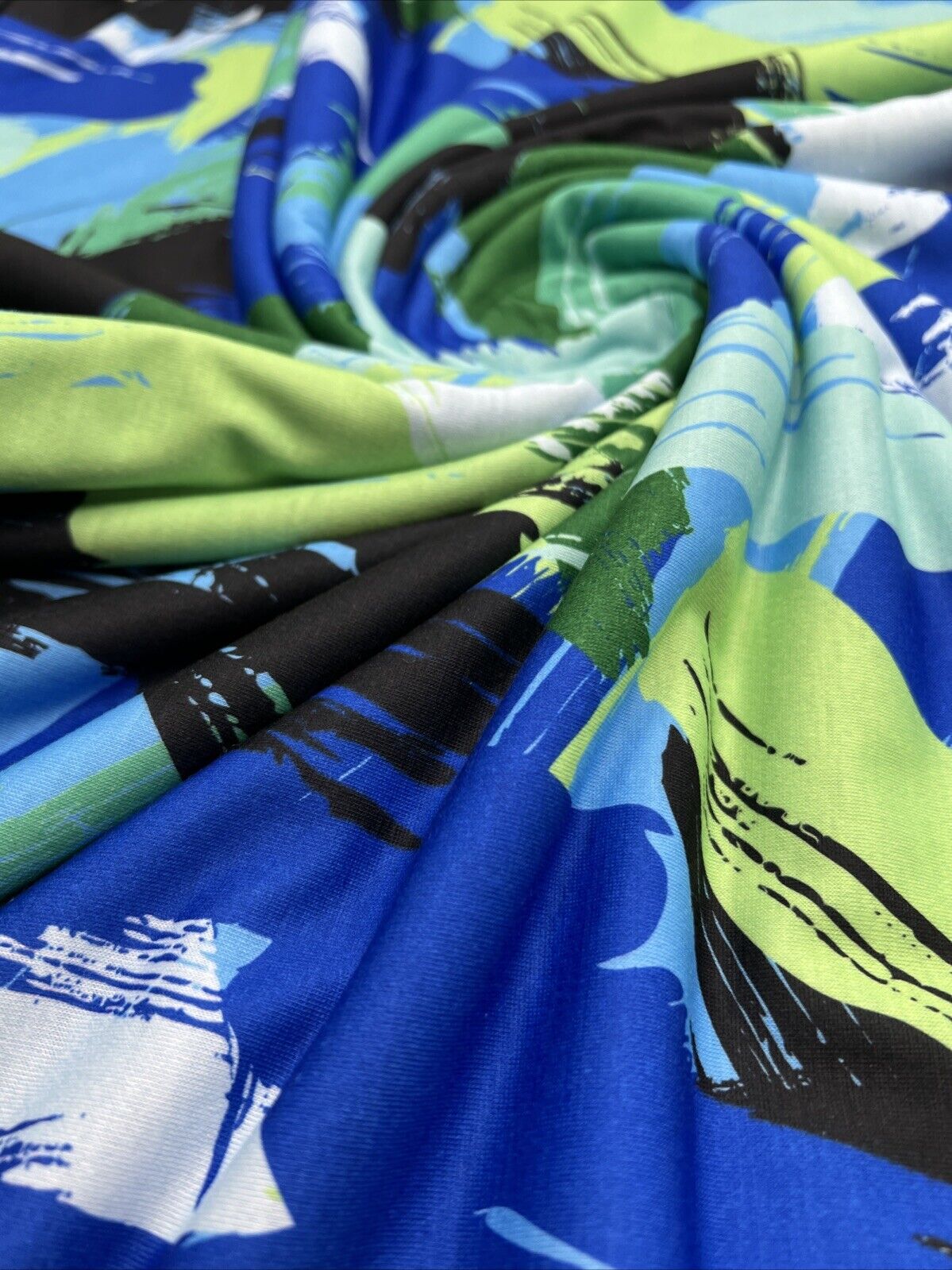 Green Blue Mix Print Spun Poly Stretch Fabric - T9 Fabrics