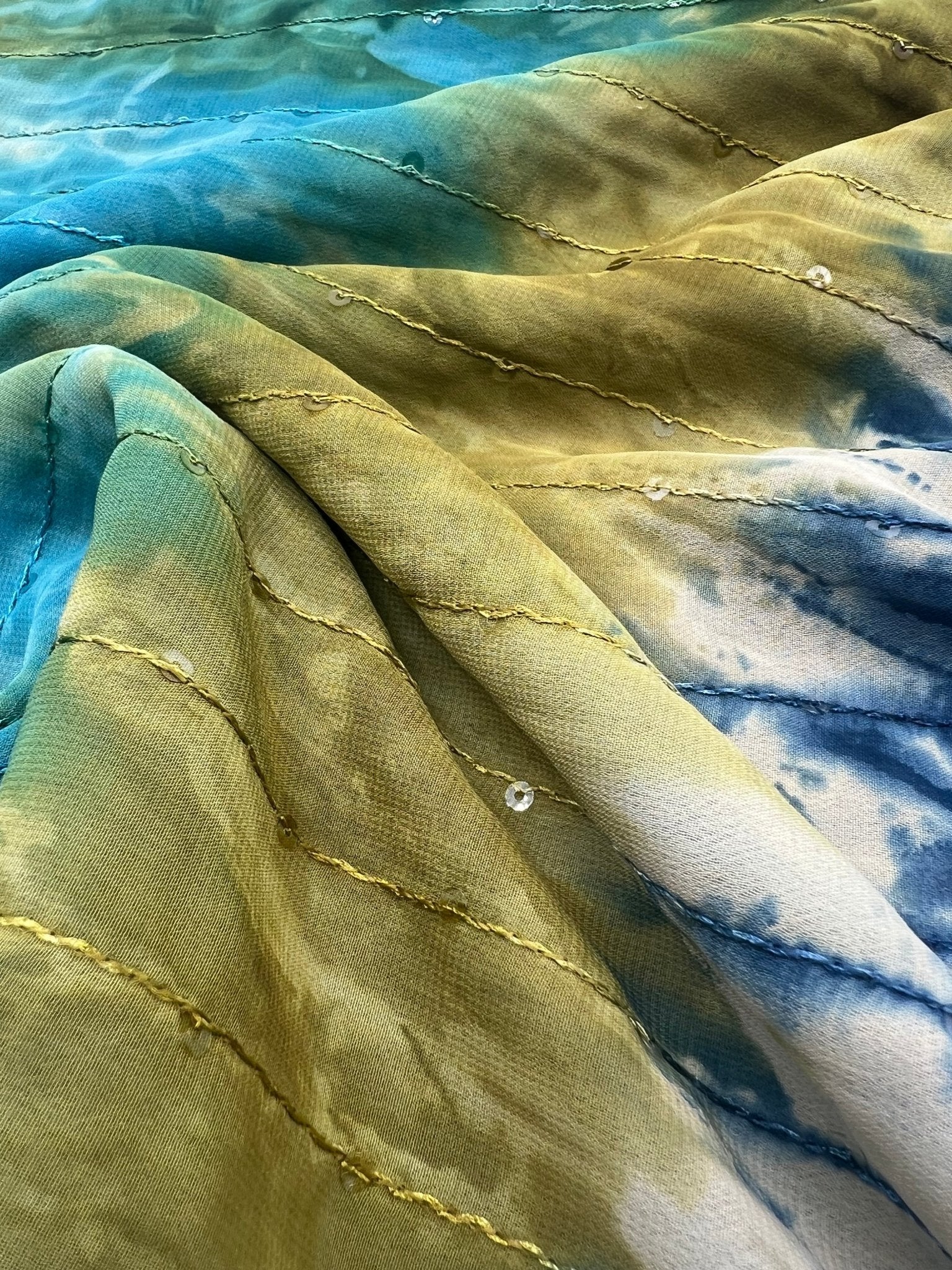 Green Blue Sequin Lightweight Non Stretch Woven Fabric - T9 Fabrics