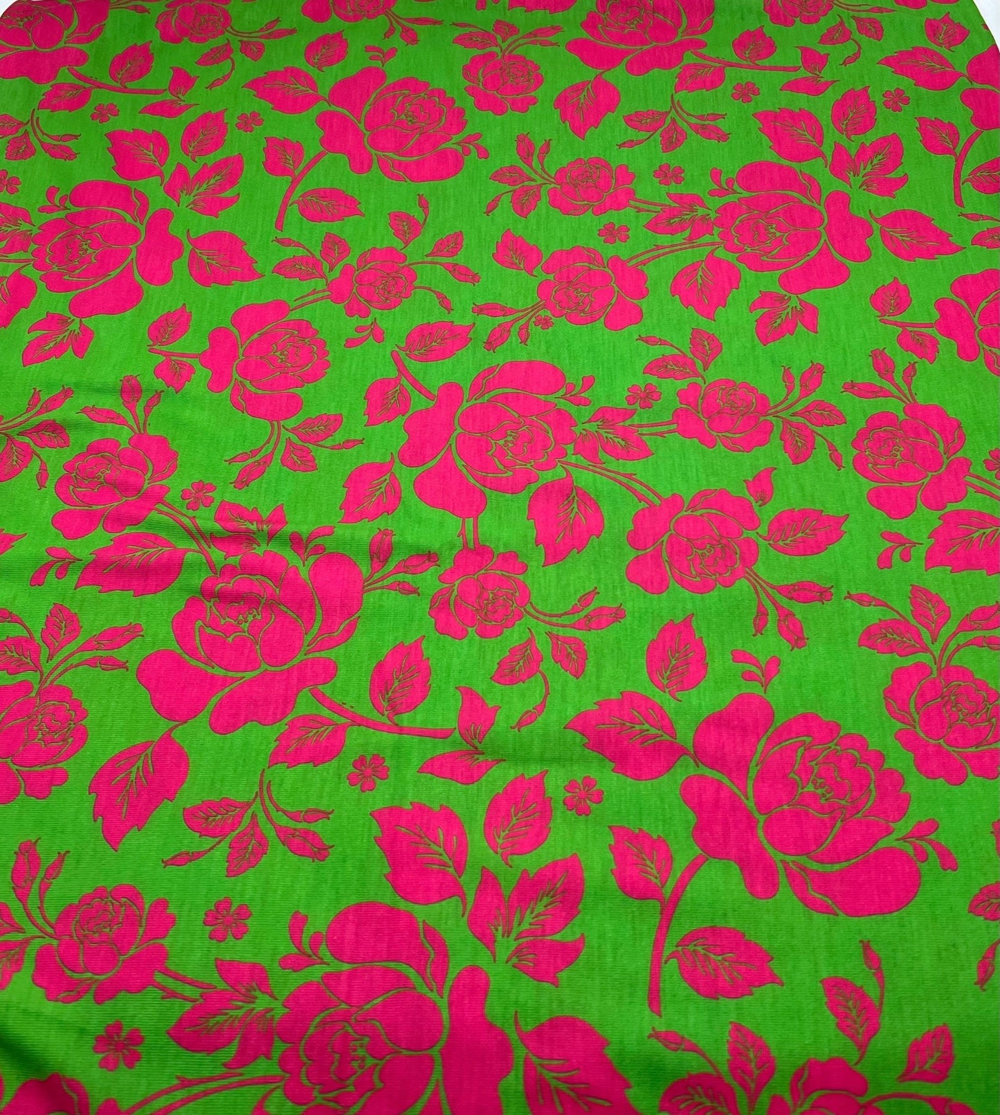 Green Cerise Floral Print Spun Poly Stretch Fabric - T9 Fabrics