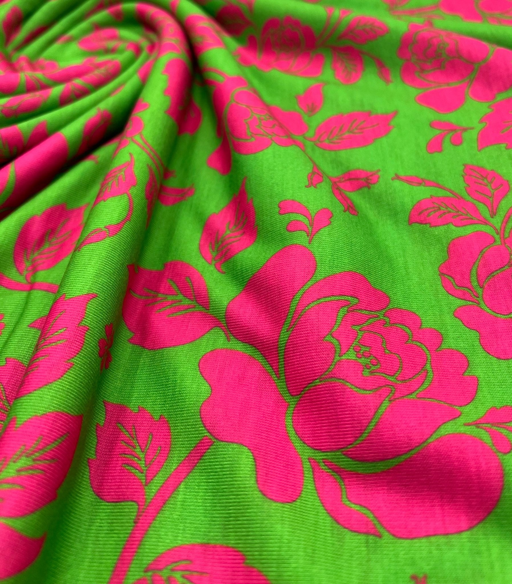 Green Cerise Floral Print Spun Poly Stretch Fabric - T9 Fabrics