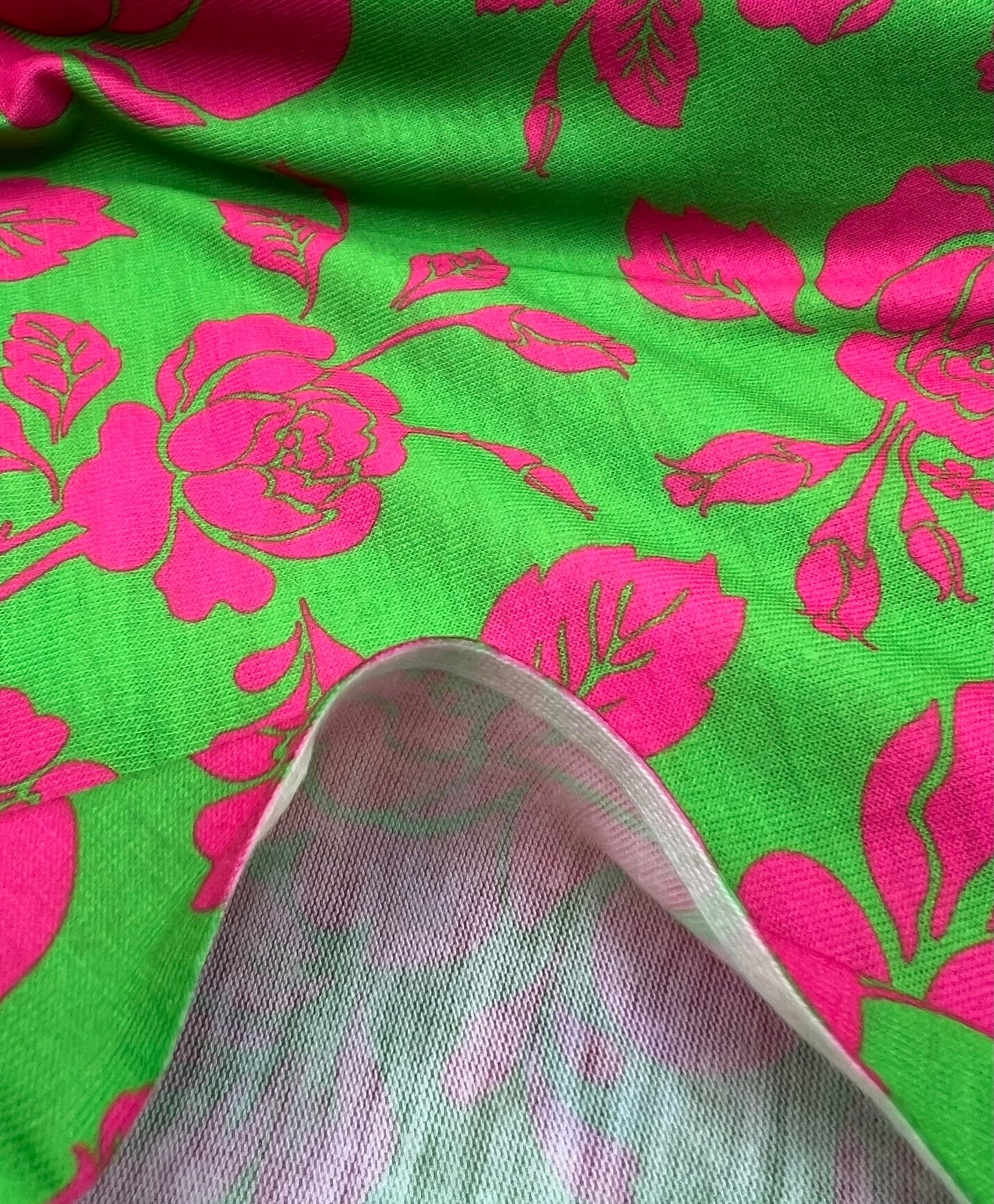 Green Cerise Floral Print Spun Poly Stretch Fabric - T9 Fabrics