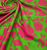 Green Cerise Floral Print Spun Poly Stretch Fabric - T9 Fabrics