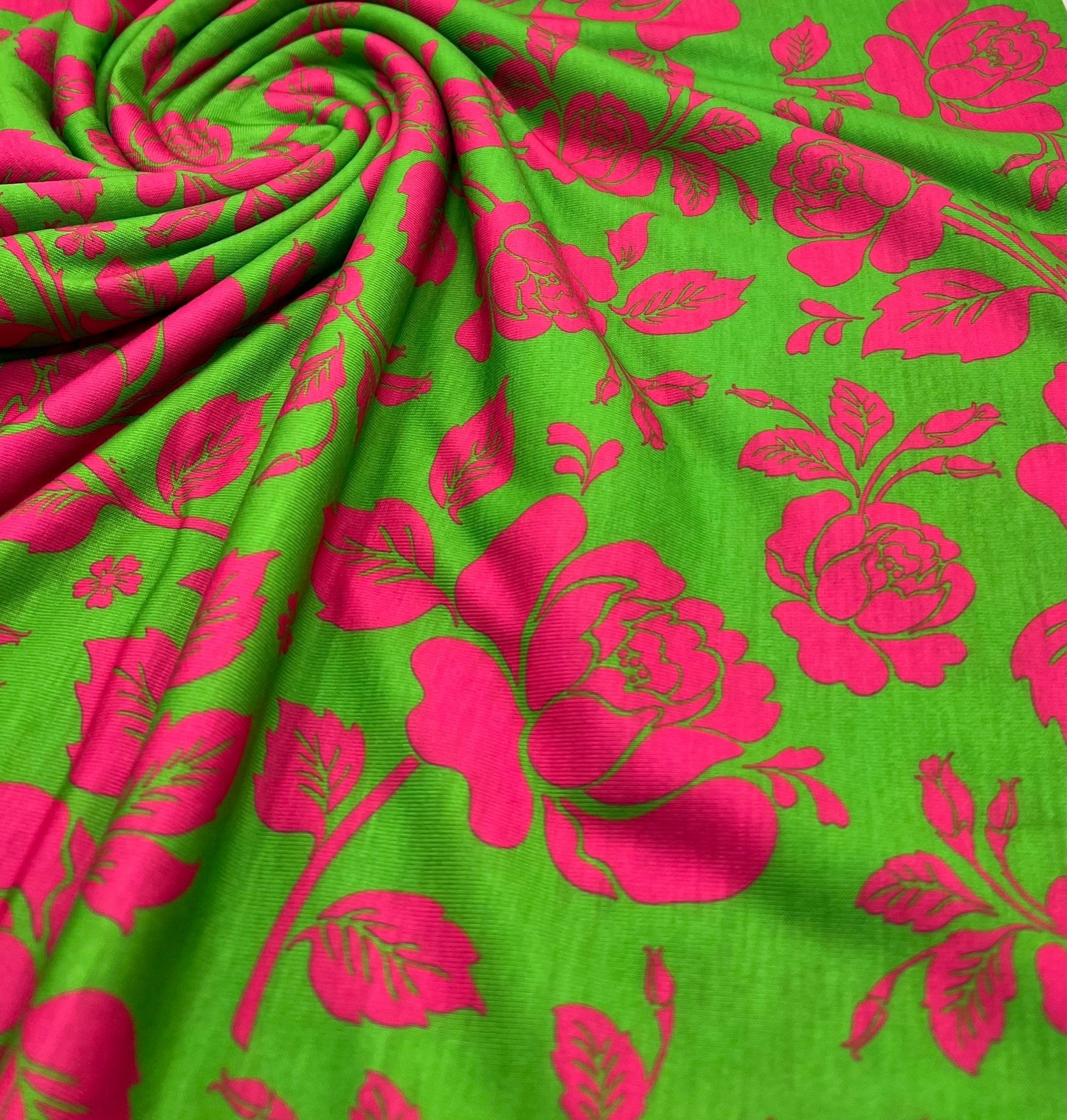 Green Cerise Floral Print Spun Poly Stretch Fabric - T9 Fabrics