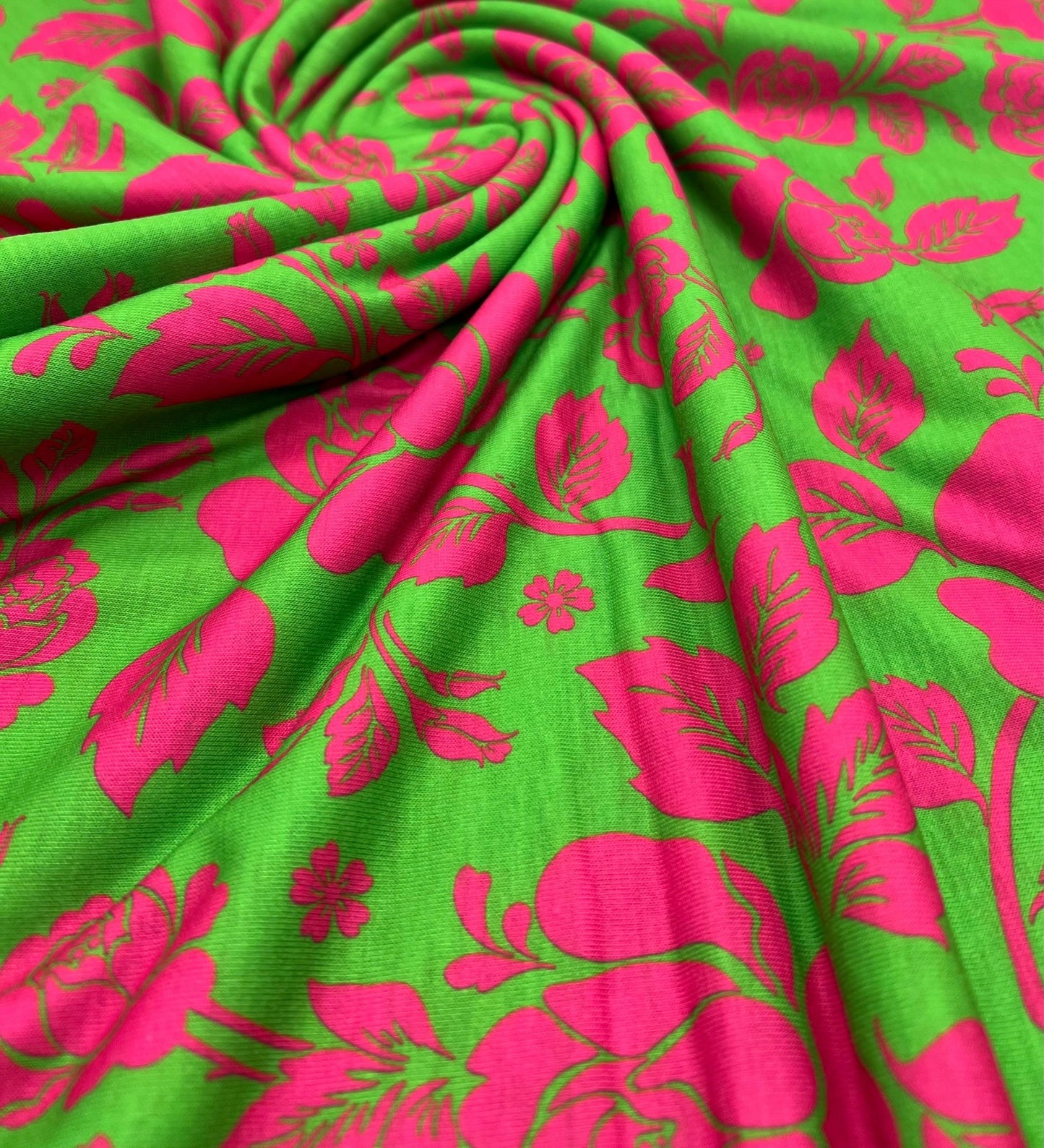 Green Cerise Floral Print Spun Poly Stretch Fabric - T9 Fabrics