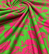 Green Cerise Floral Print Spun Poly Stretch Fabric - T9 Fabrics