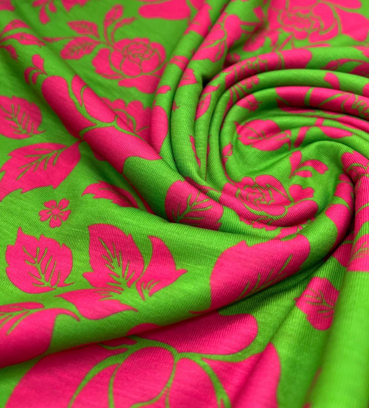 Green Cerise Floral Print Spun Poly Stretch Fabric - T9 Fabrics