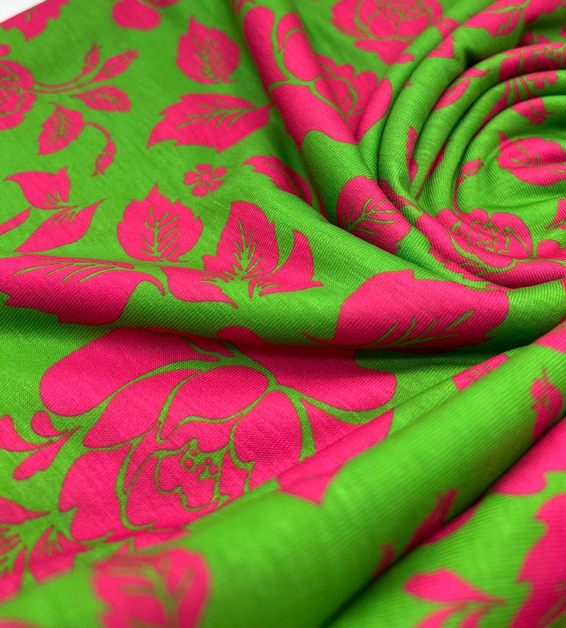 Green Cerise Floral Print Spun Poly Stretch Fabric - T9 Fabrics