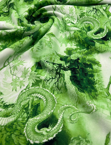 Green Dragon Printed Scuba Crepe Jersey Fabric 4 Way Stretch - T9 Fabrics