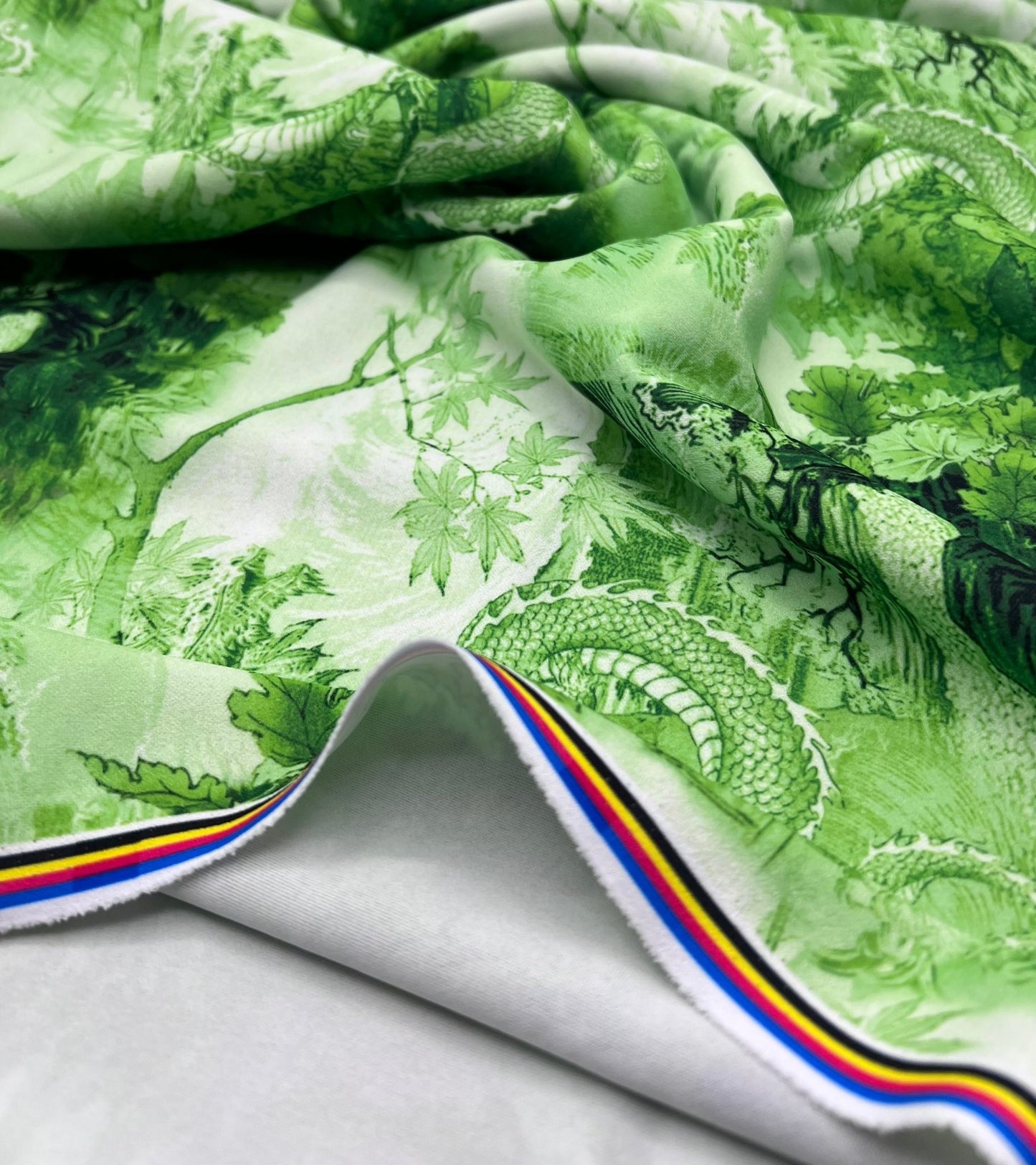 Green Dragon Printed Scuba Crepe Jersey Fabric 4 Way Stretch - T9 Fabrics