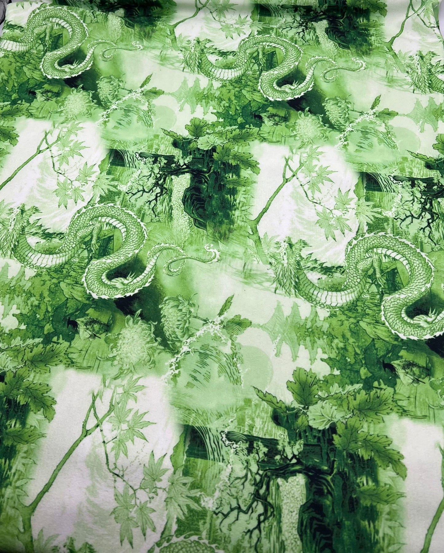 Green Dragon Printed Scuba Crepe Jersey Fabric 4 Way Stretch - T9 Fabrics