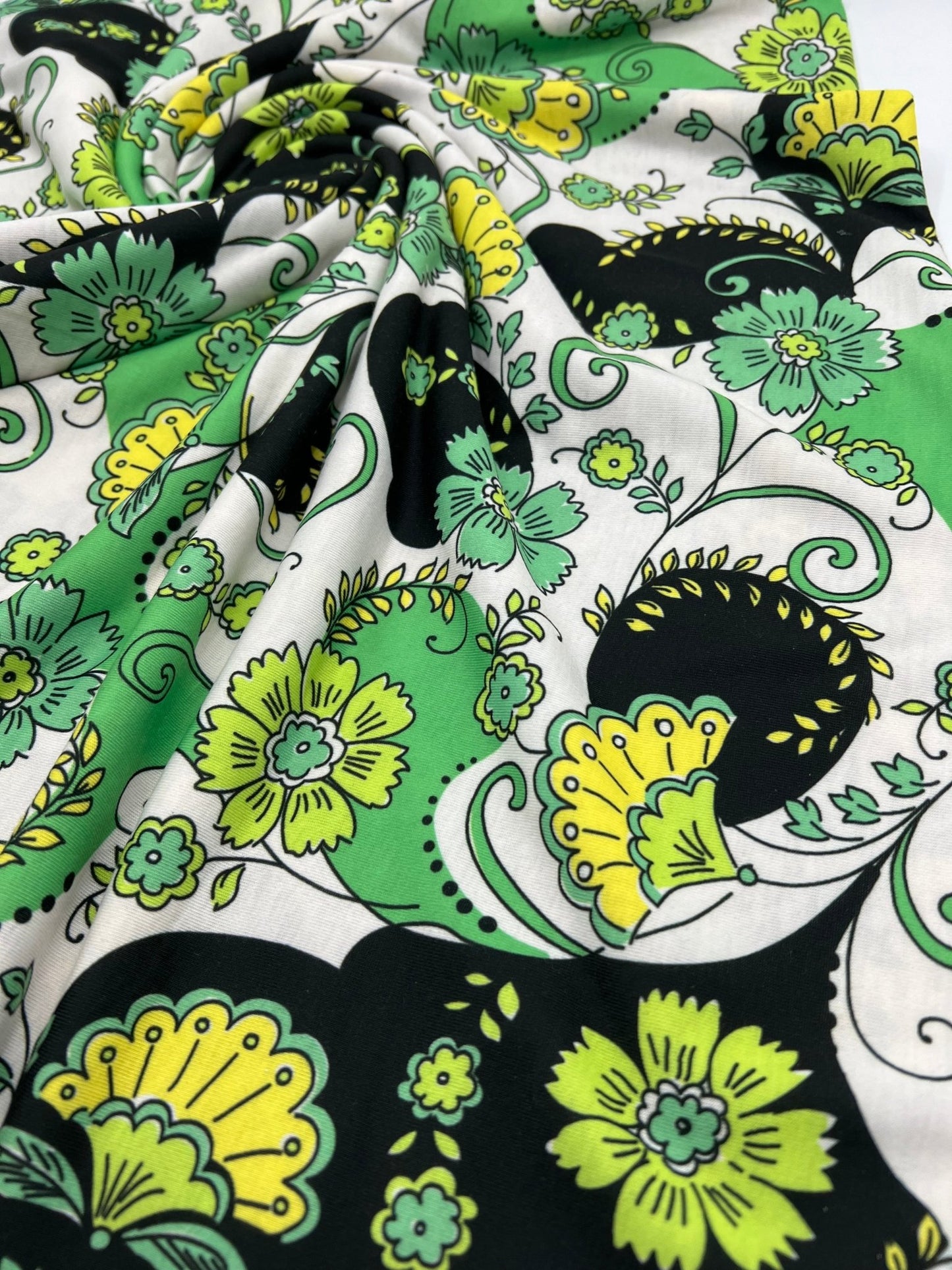 Green Floral Funky Print Spun Poly Stretch Fabric - T9 Fabrics