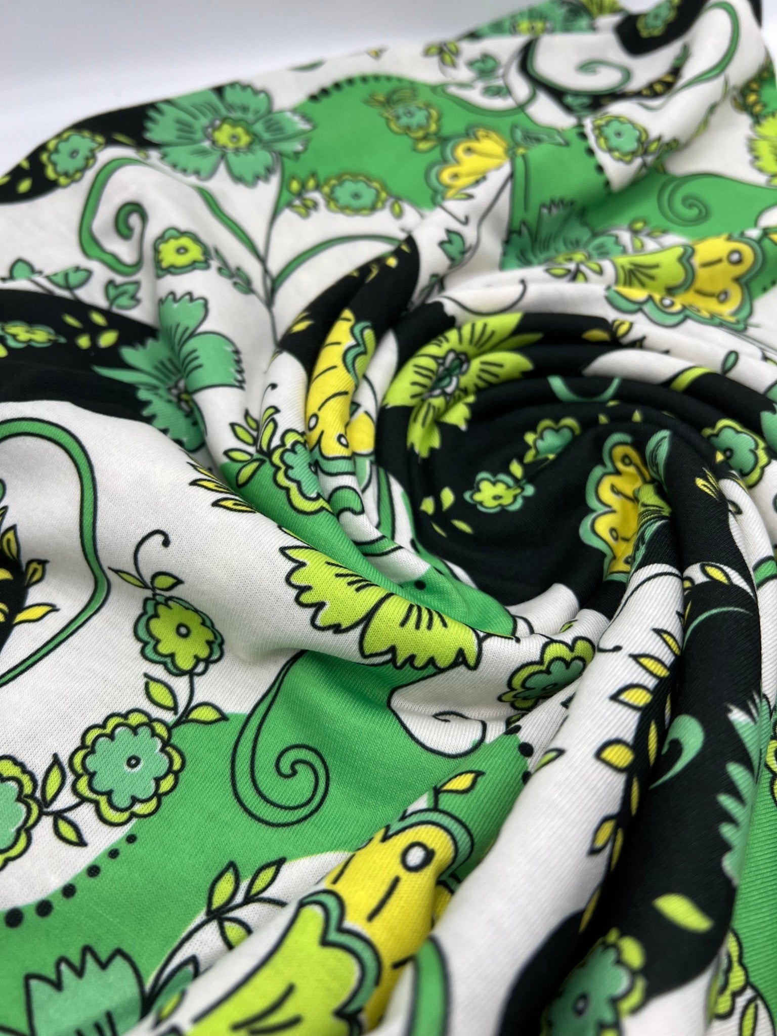 Green Floral Funky Print Spun Poly Stretch Fabric - T9 Fabrics