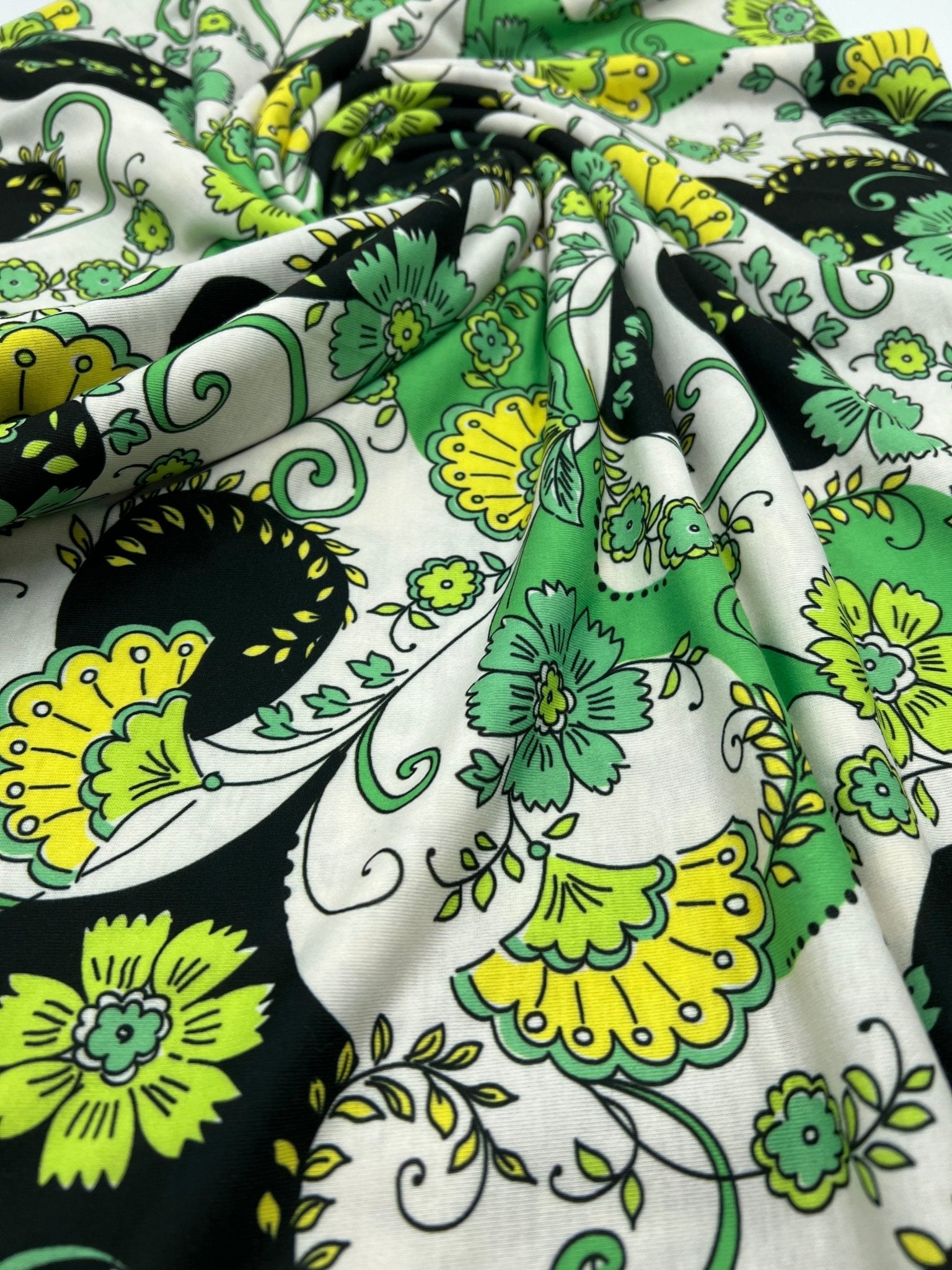 Green Floral Funky Print Spun Poly Stretch Fabric - T9 Fabrics