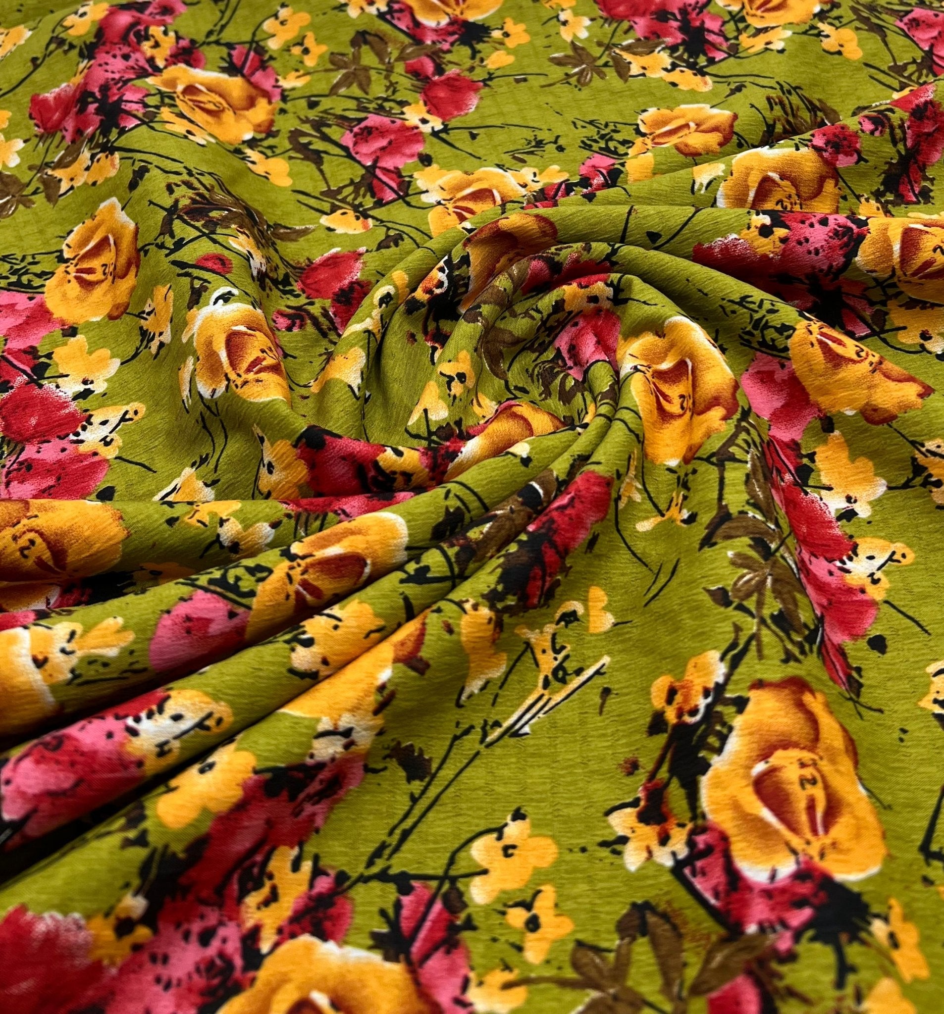 Green Floral Printed Chiffon Dress Fabric - T9 Fabrics