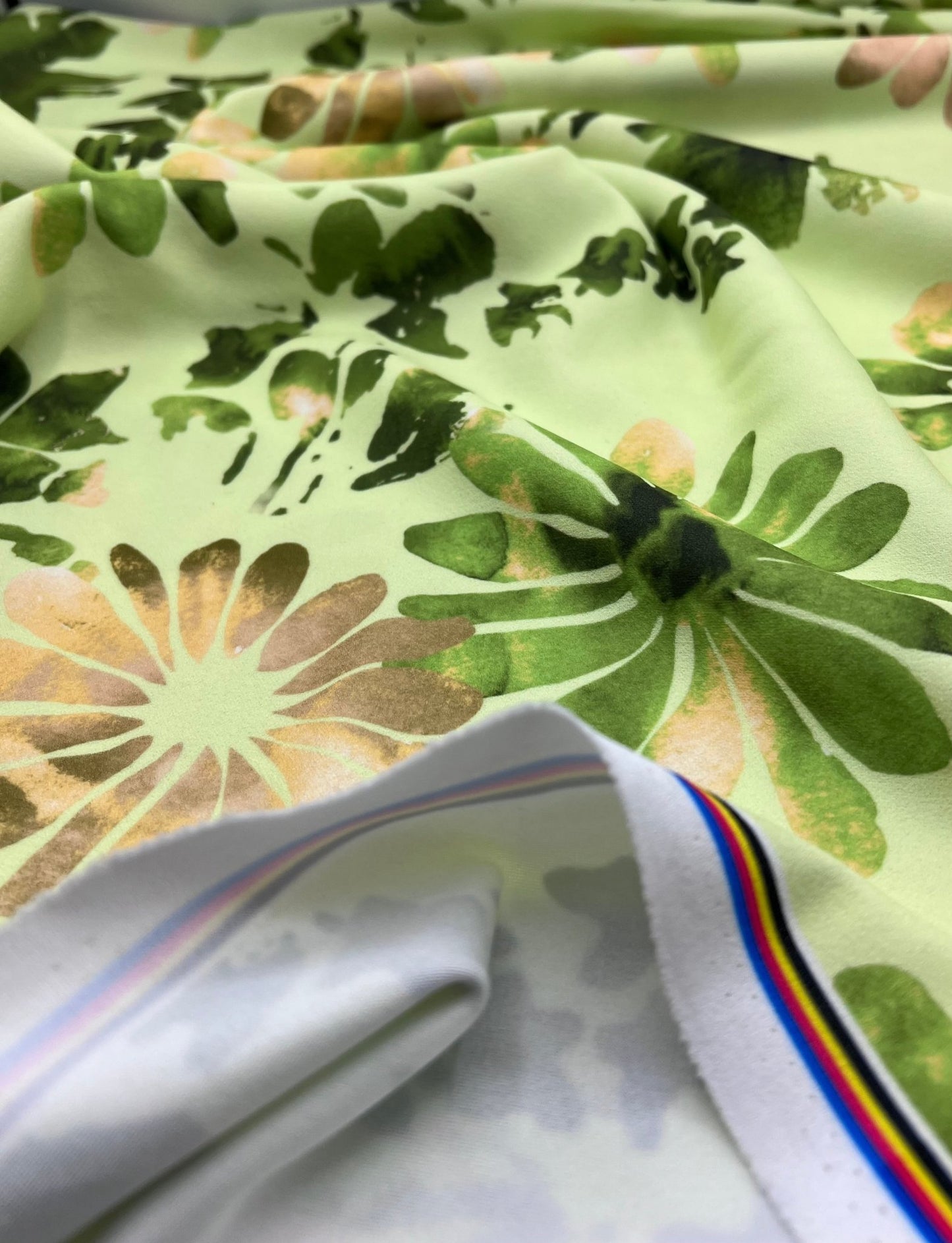 Green Floral Printed Scuba Crepe Jersey Fabric 4 Way Stretch - T9 Fabrics