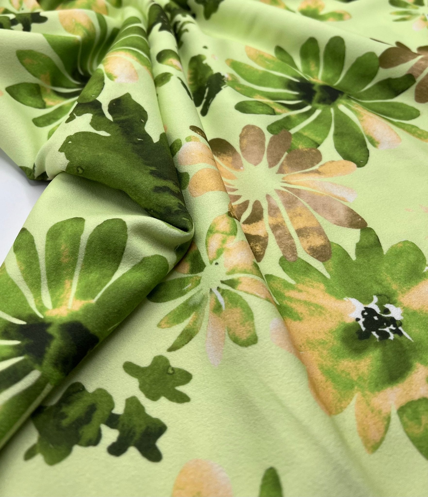 Green Floral Printed Scuba Crepe Jersey Fabric 4 Way Stretch - T9 Fabrics