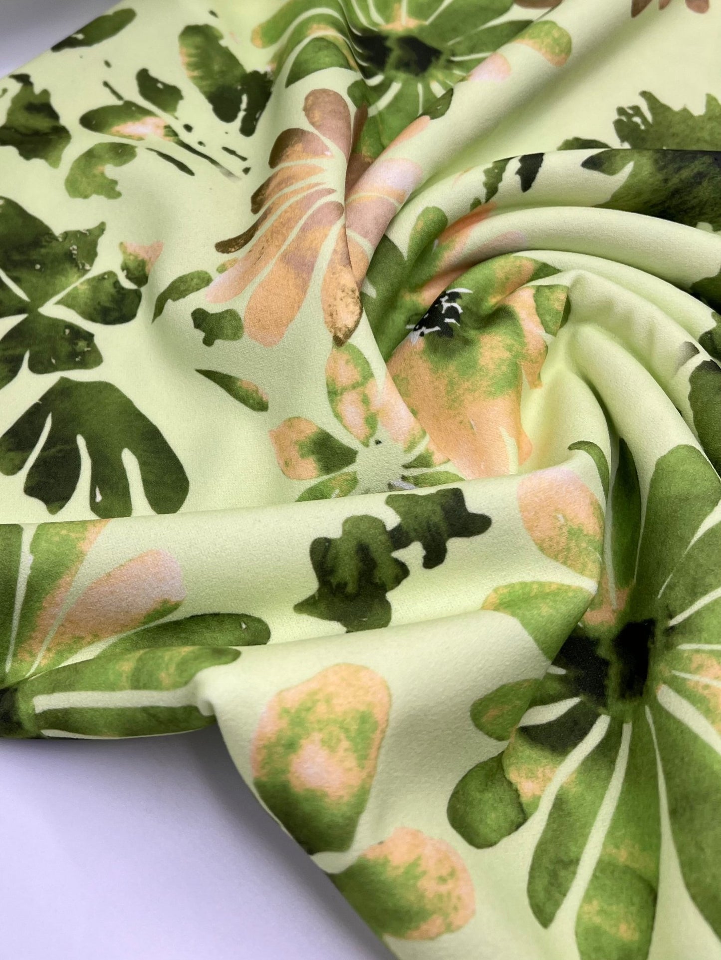 Green Floral Printed Scuba Crepe Jersey Fabric 4 Way Stretch - T9 Fabrics