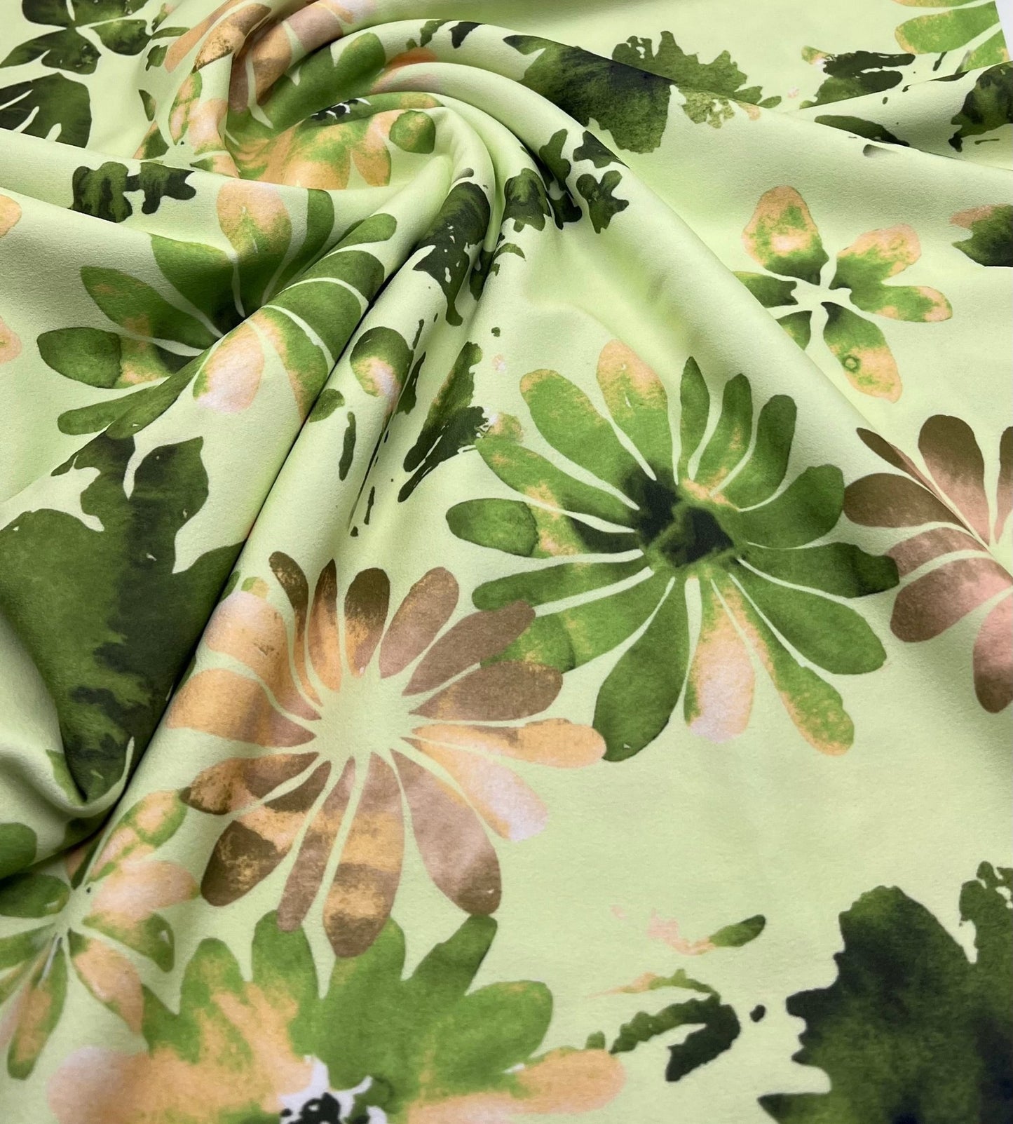 Green Floral Printed Scuba Crepe Jersey Fabric 4 Way Stretch - T9 Fabrics