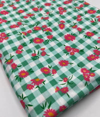 Green Gingham Floral Soft Print Spun Poly Stretch Fabric - T9 Fabrics