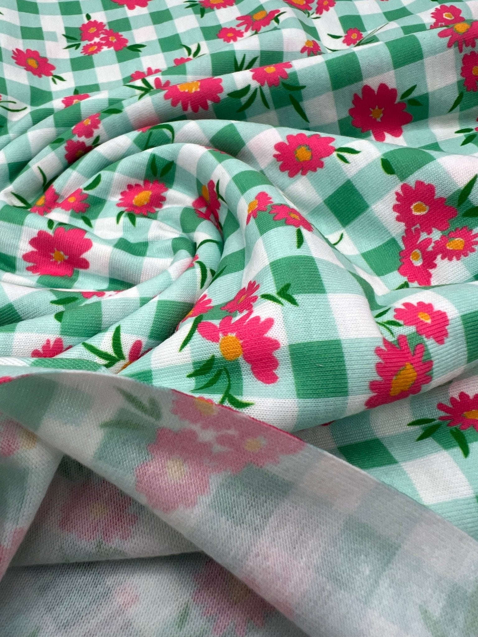 Green Gingham Floral Soft Print Spun Poly Stretch Fabric - T9 Fabrics