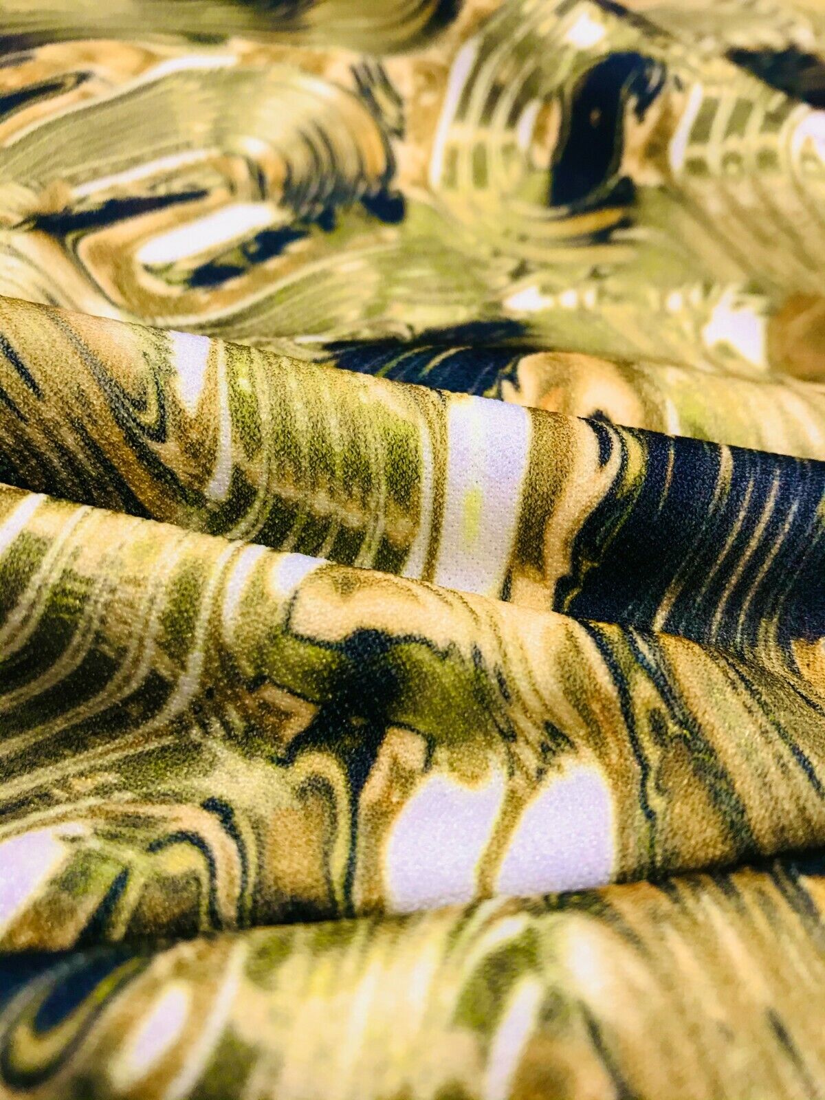 Green Gold Multi Print Lightweight Jersey Crepe Fabric 4 Way Stretch - T9 Fabrics